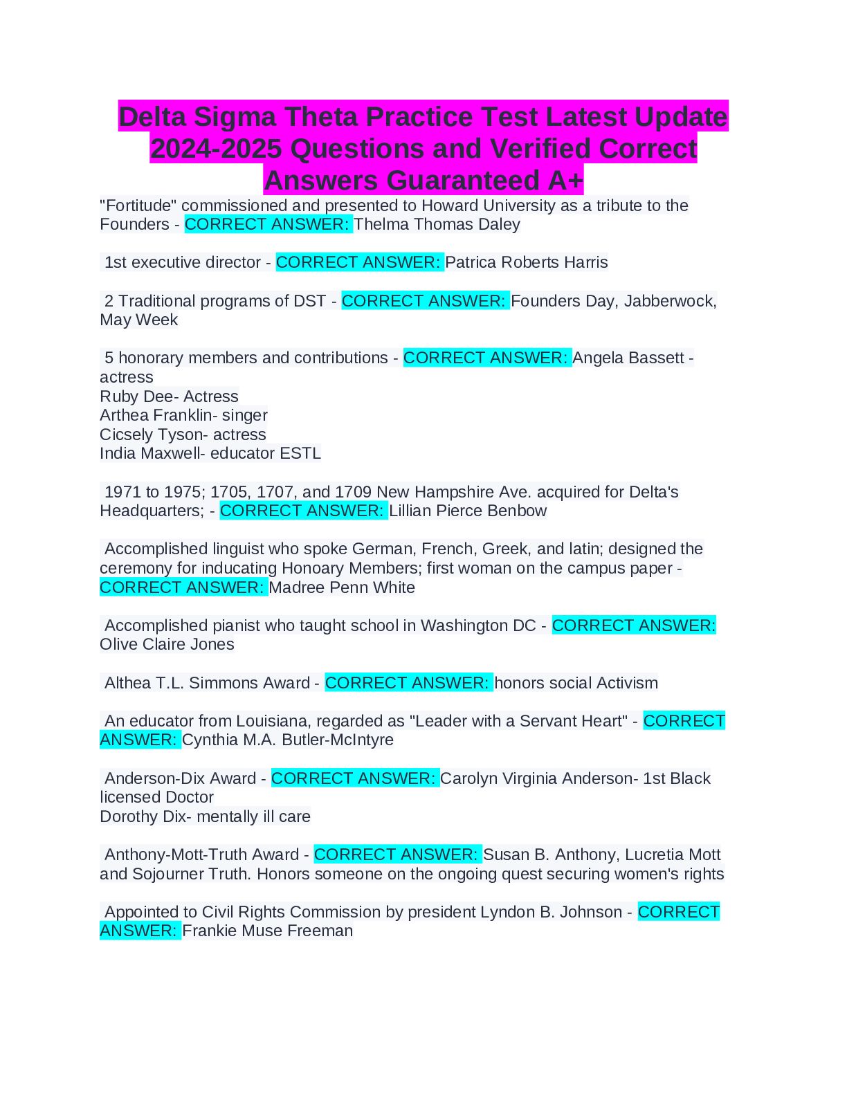 Recommended document preview for Delta Sigma Theta Practice Test Latest Update 2024-2025 Questions and Verified Correct Answers Guaranteed A+