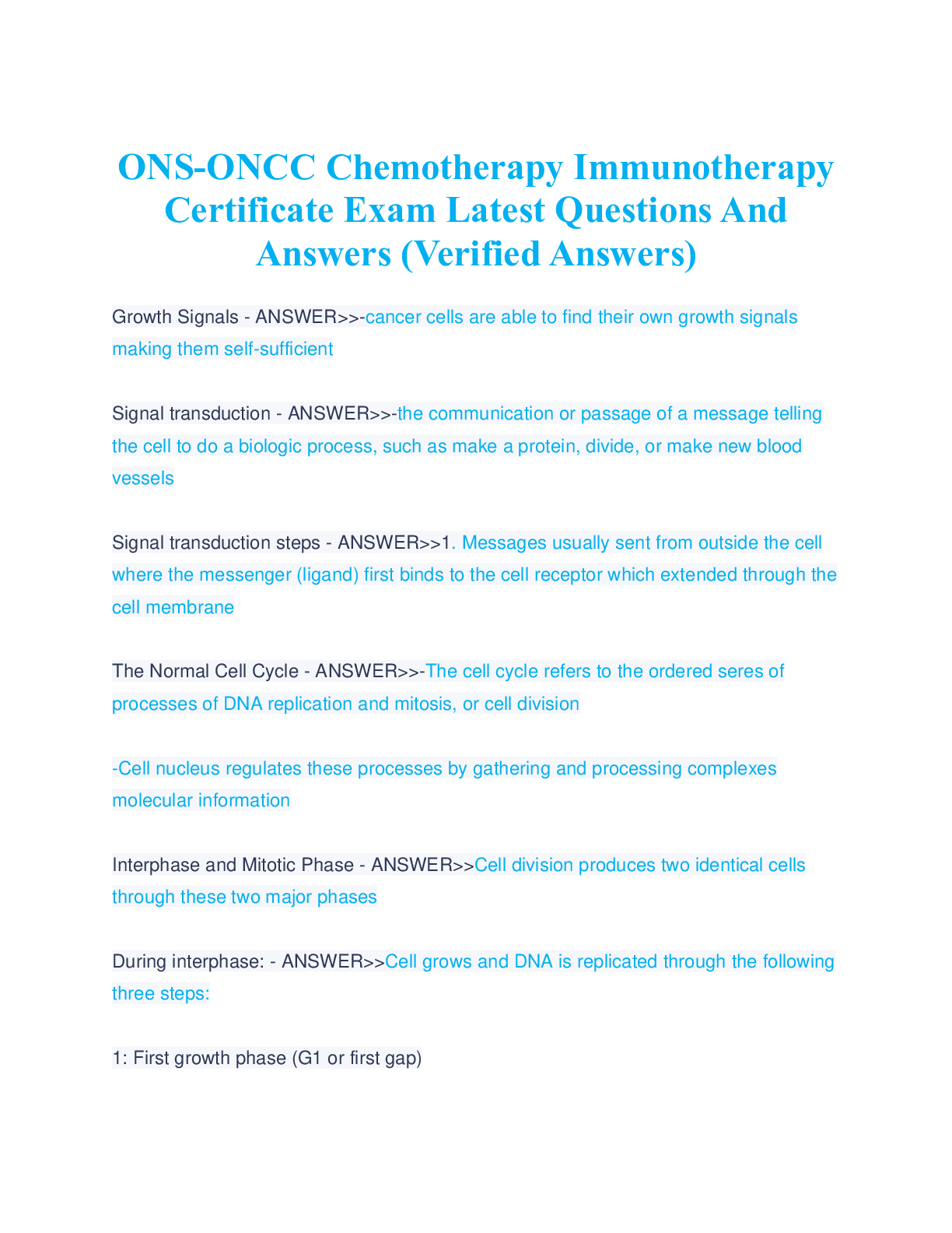 Recommended document preview for ONS-ONCC Chemotherapy Immunotherapy Certificate Exam Latest Questions And Answers (Verified Answers)