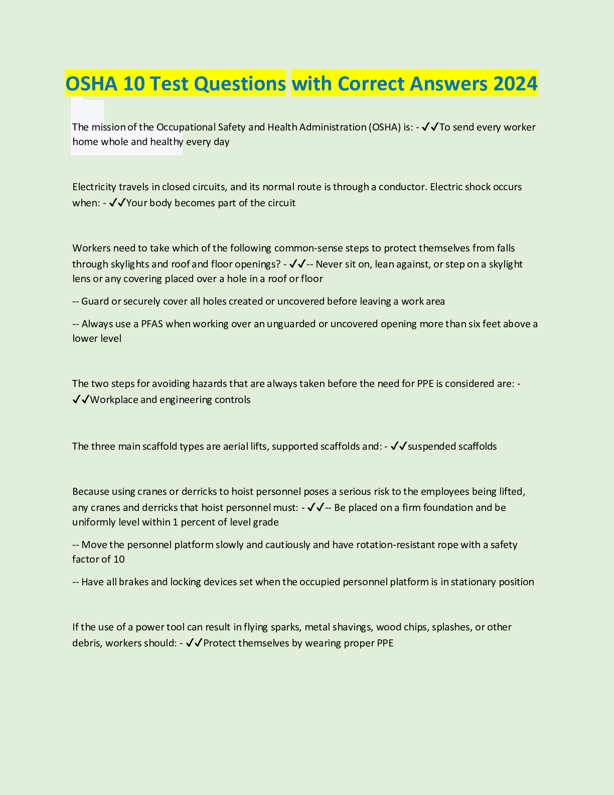 Recommended document preview for OSHA 10 Test Questions with Correct Answers 2024