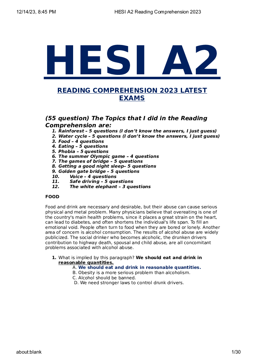 Preview of HESI A2 READING COMPREHENSION 2023 LATEST EXAMS