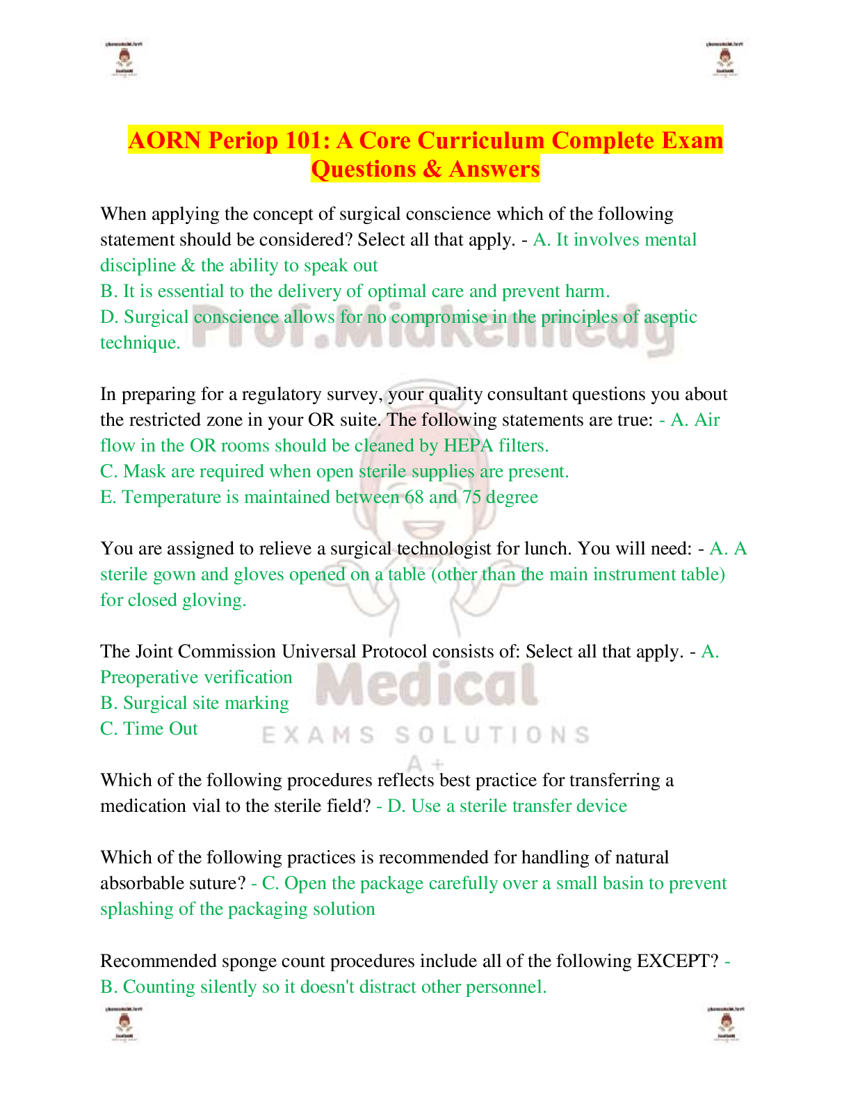 AORN Periop 101: A Core Curriculum Complete Exam Questions & Answers