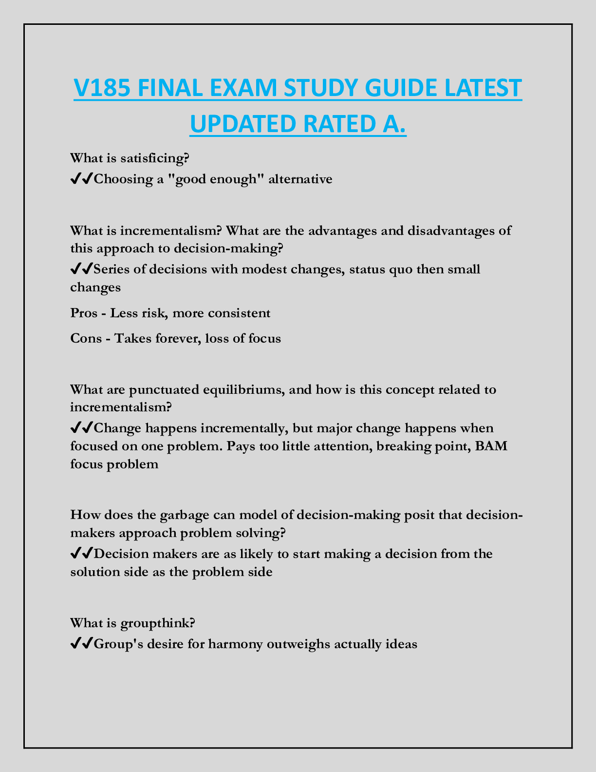 Preview of V185 FINAL EXAM STUDY GUIDE LATEST  UPDATED RATED A.