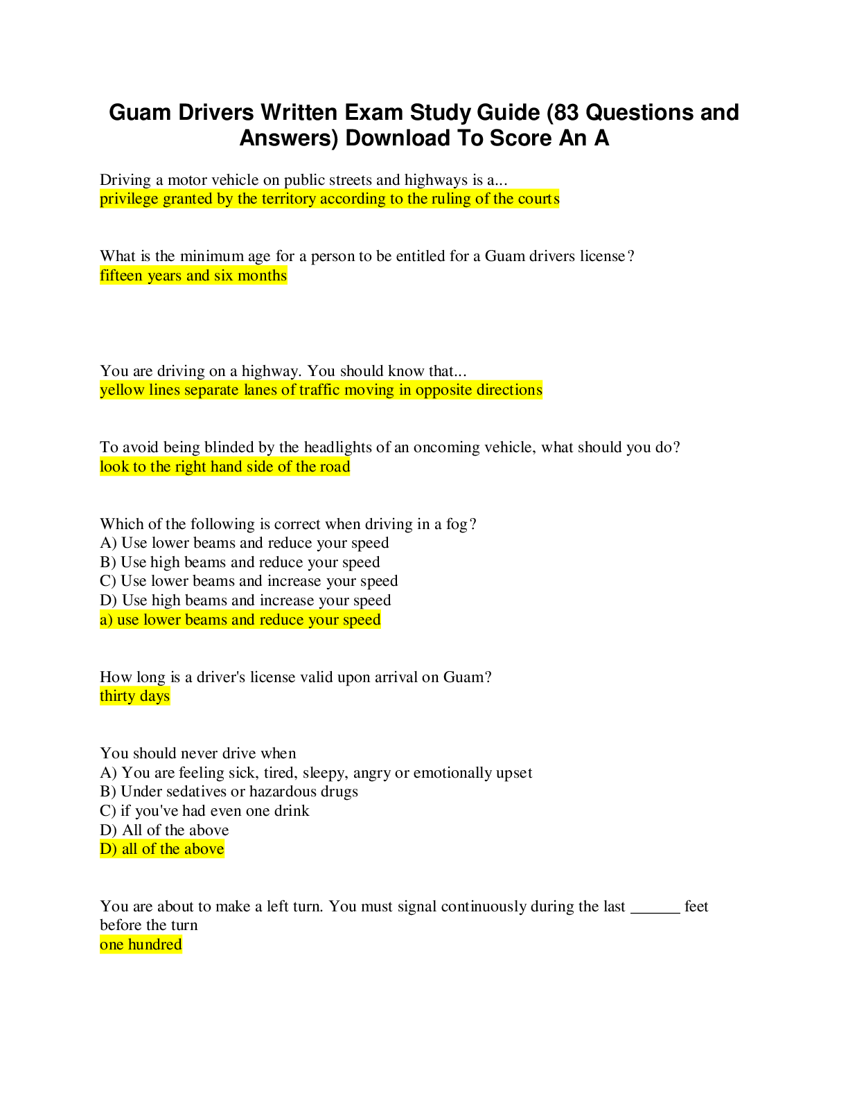Preview of Guam Drivers Written Exam Study Guide (83 Questions and Answers) Download To Score An A