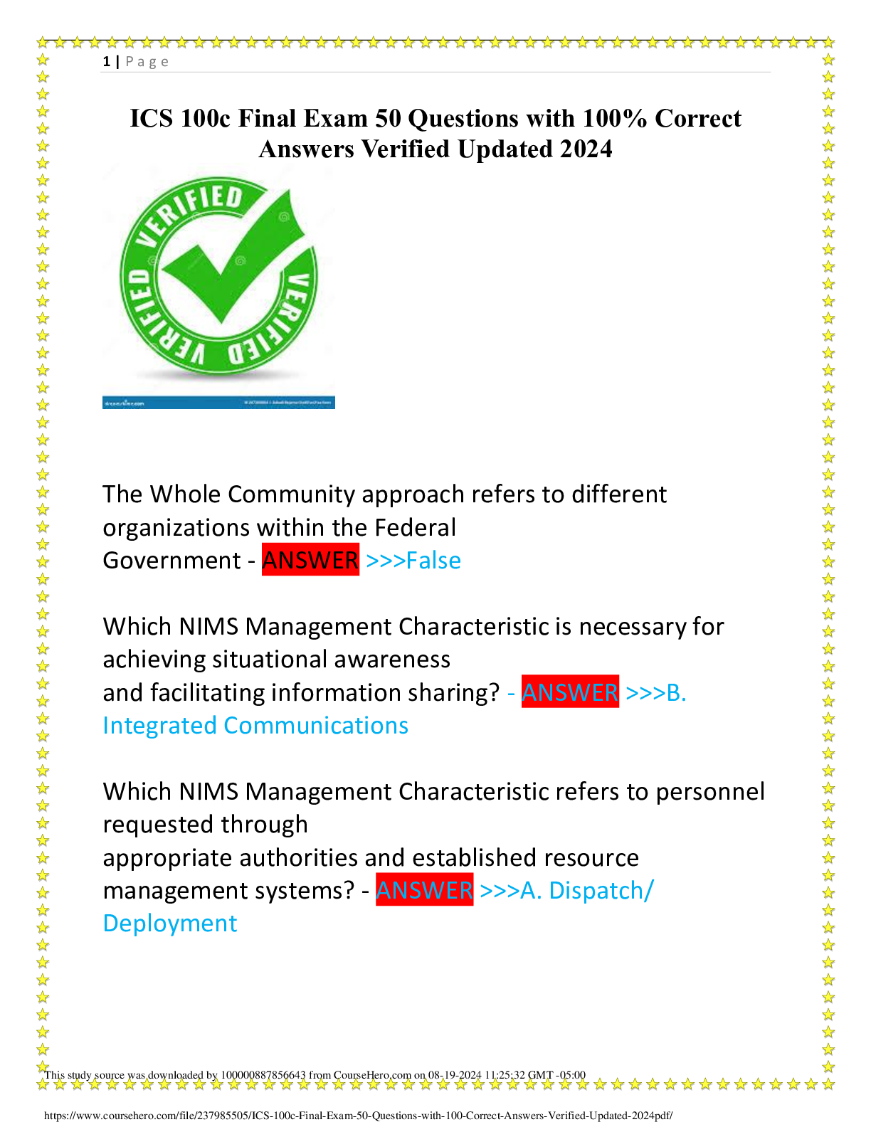 Preview of ICS 100c Final Exam 50 Questions with 100% Correct Answers Verified Updated 2024