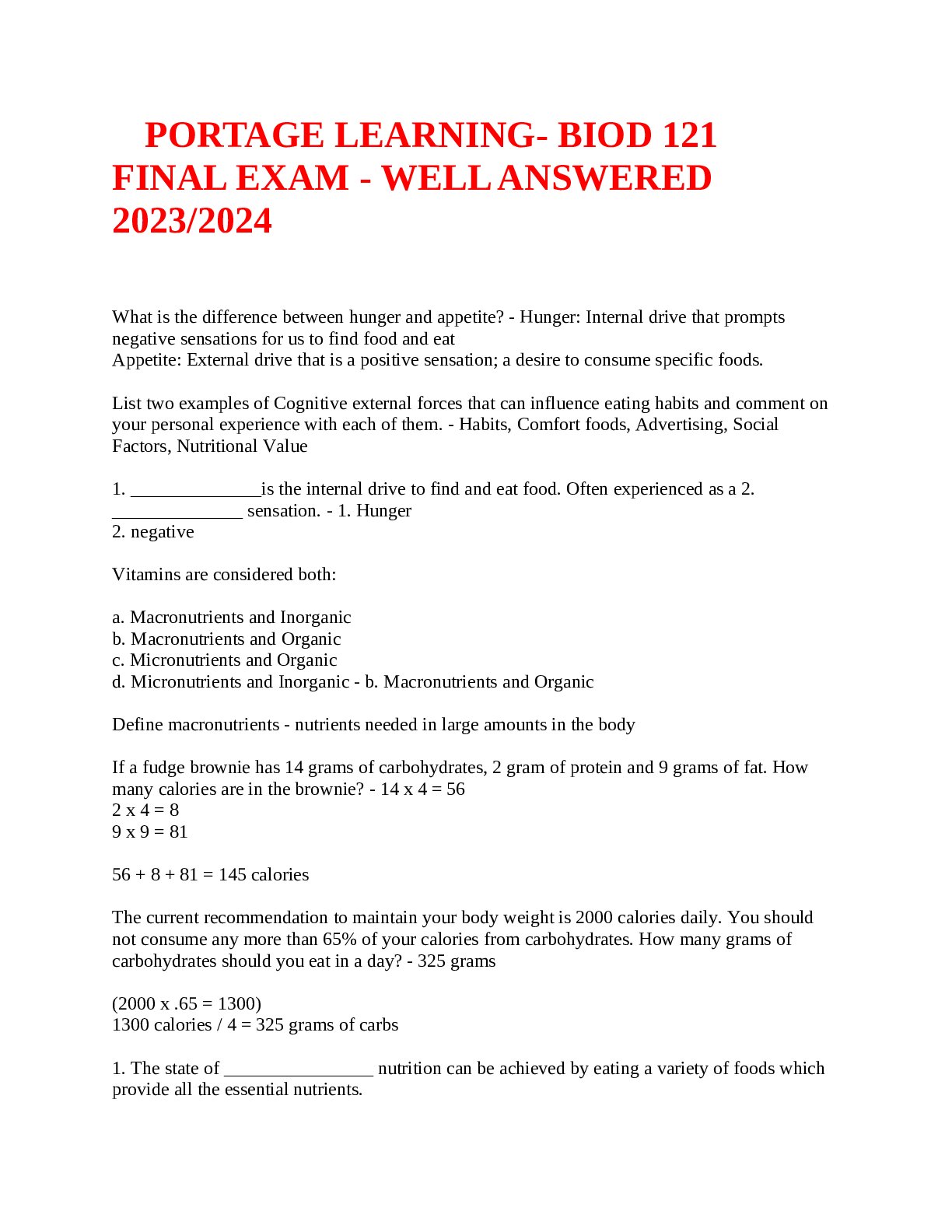 Preview of PORTAGE LEARNING- BIOD 121 FINAL EXAM - WELL ANSWERED 2023-2024