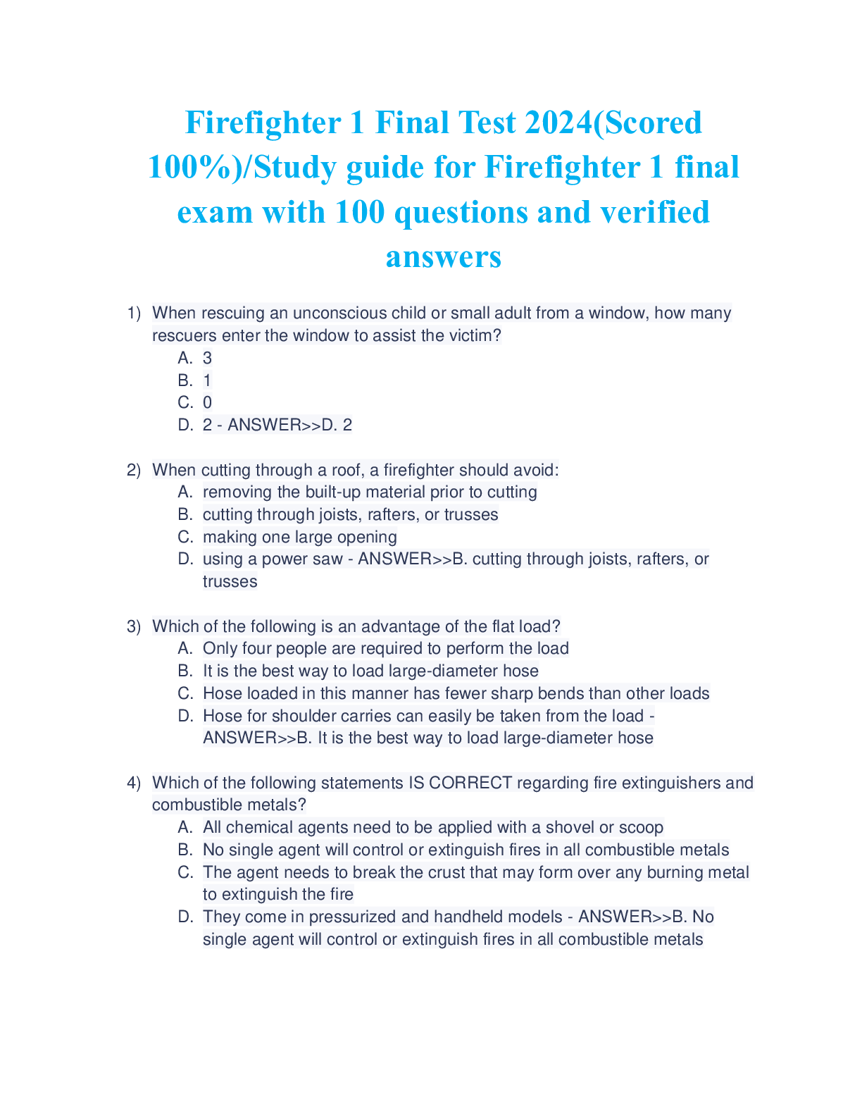 Preview of Firefighter 1 Final Test 2024(Scored 100%)Study guide for Firefighter 1 final exam with 100 questions and verified answers