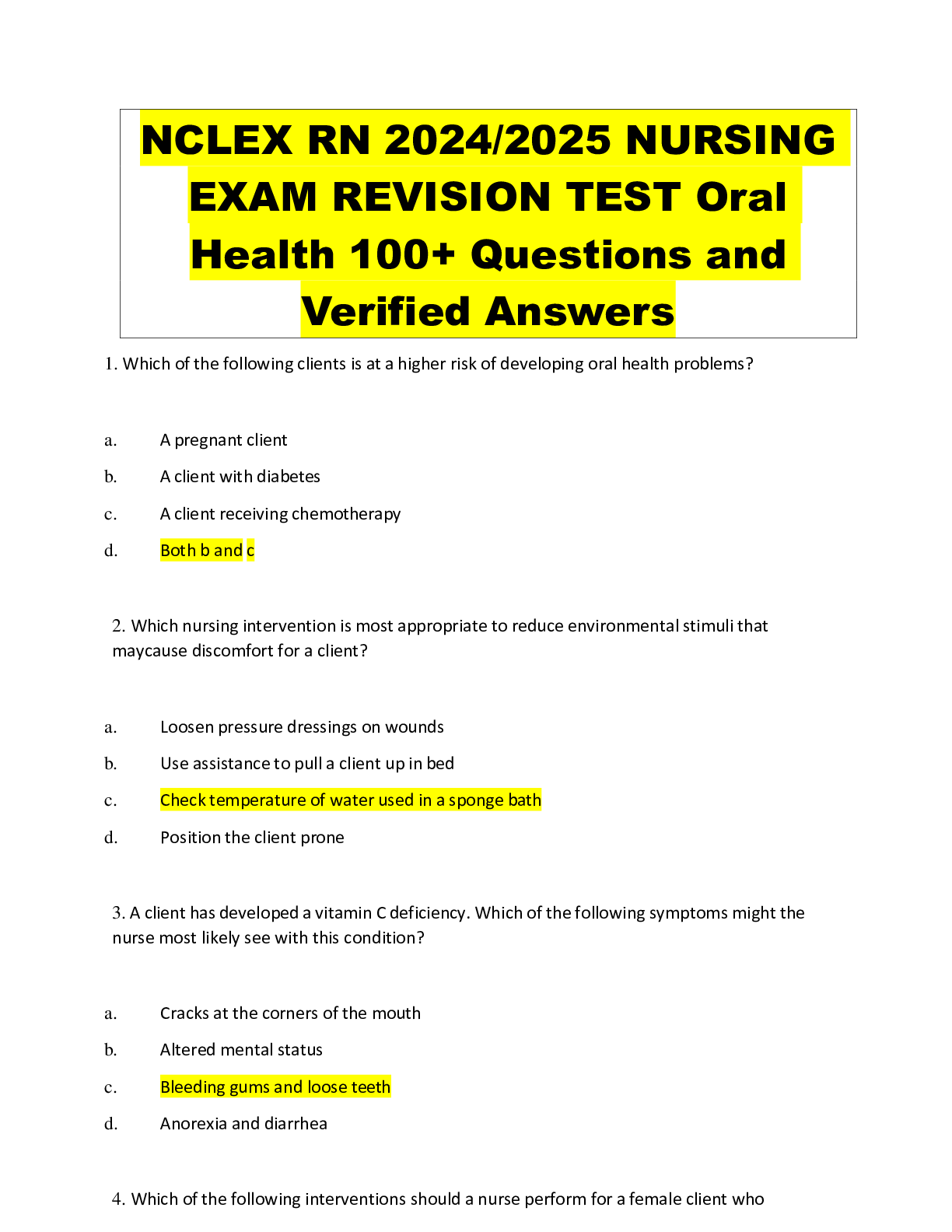 Preview of NCLEX RN 2024-2025 NURSING EXAM REVISION TEST Oral Health 100+ Questions and Verified Answ
