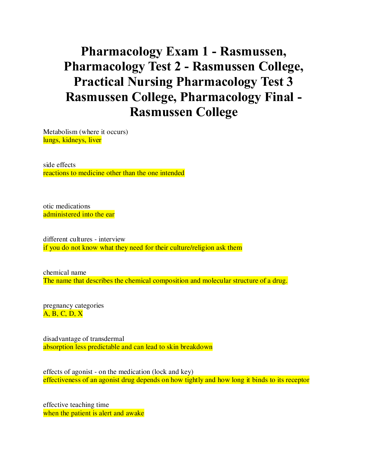Preview of Pharmacology Exam 1 - Rasmussen, Pharmacology Test 2 - Rasmussen College, Practical Nursin