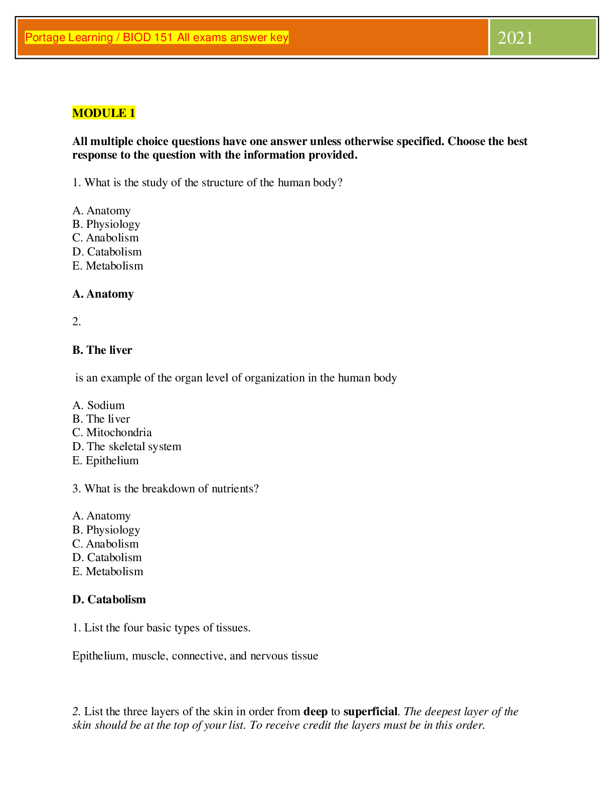 Preview of Portage Learning  BIOD 151 All exams answer key 2021