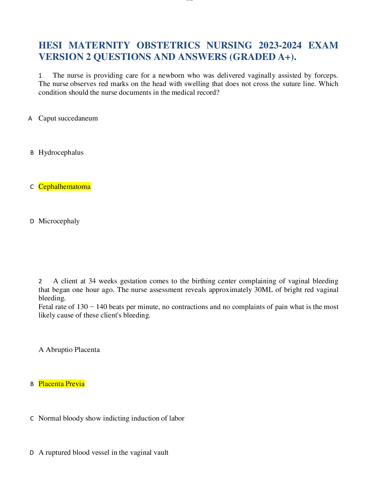 Preview of HESI MATERNITY OBSTETRICS NURSING 2023-2024 EXAM VERSION 2 QUESTIONS AND ANSWERS (GRADED A