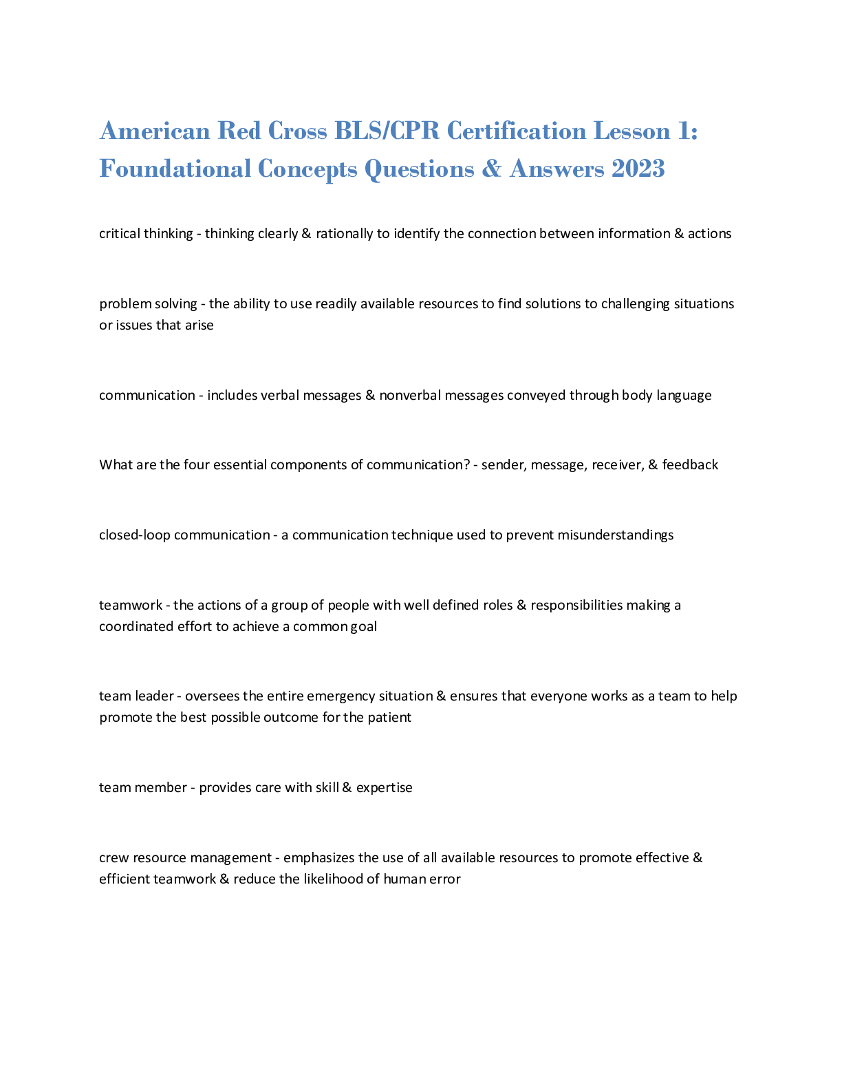 Preview image for American Red Cross BLS/CPR Certification Lesson 1: Foundational Concepts Questions & Answers 2023