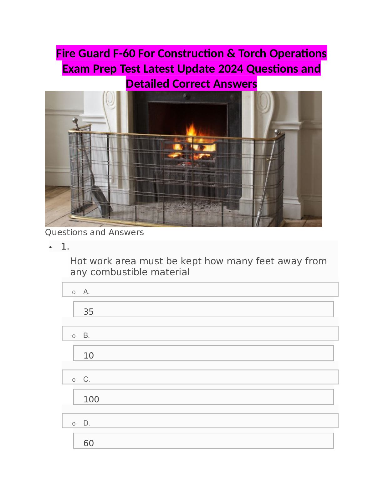 Preview of Fire Guard F-60 For Construction & Torch Operations Exam Prep Test Latest Update 2024 Ques