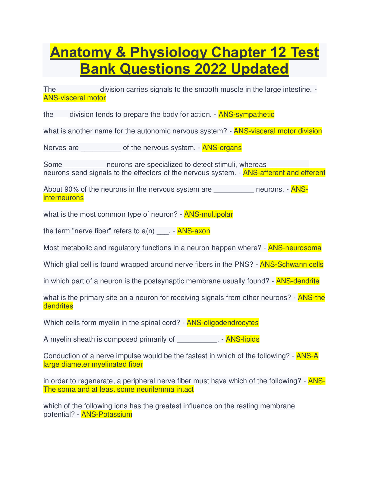 Preview of Anatomy &amp; Physiology Chapter 12 Test Bank Questions 2022 Updated