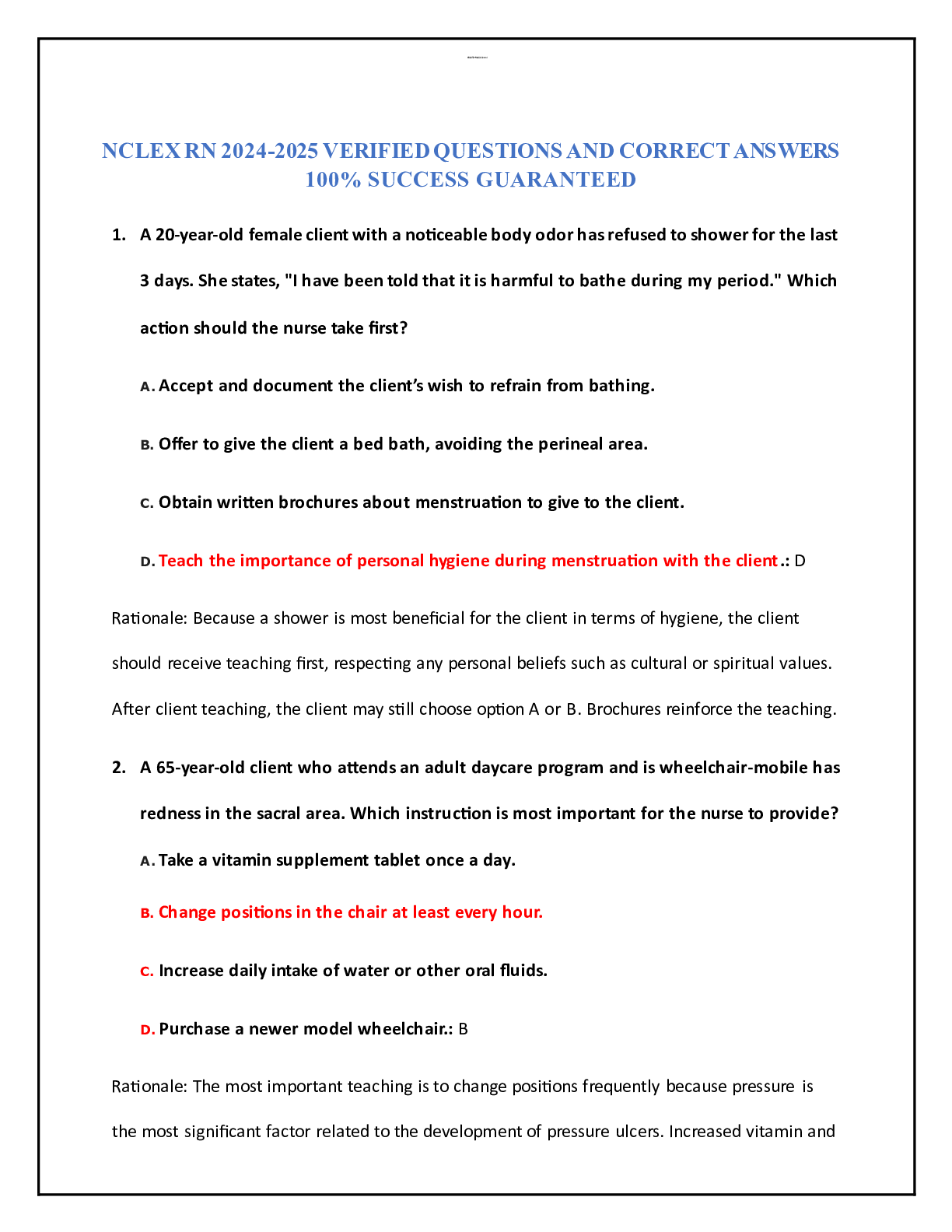 Recommended document preview for NCLEX RN 2024-2025 VERIFIED QUESTIONSAND CORRECT ANSWERS 100% SUCCESS GUARANTEED