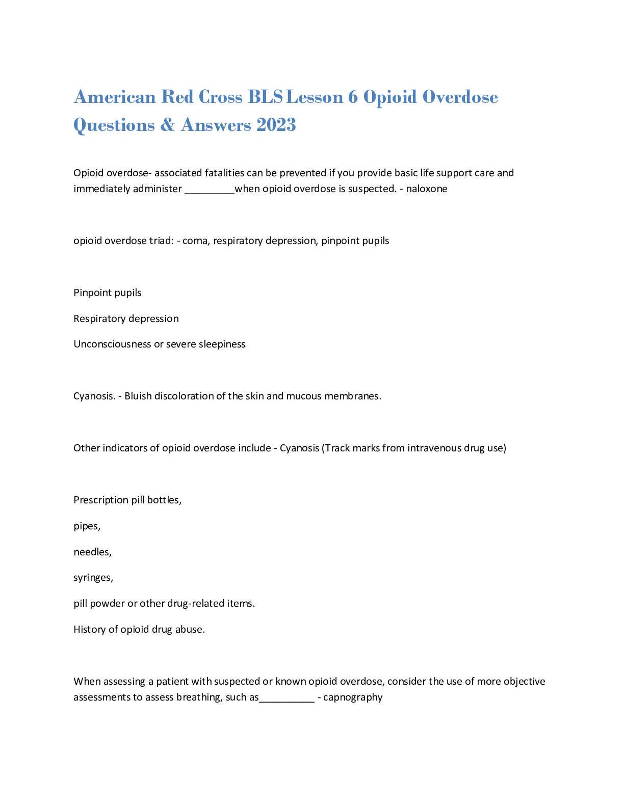 Preview image for American Red Cross BLSLesson 6 Opioid Overdose Questions & Answers 2023
