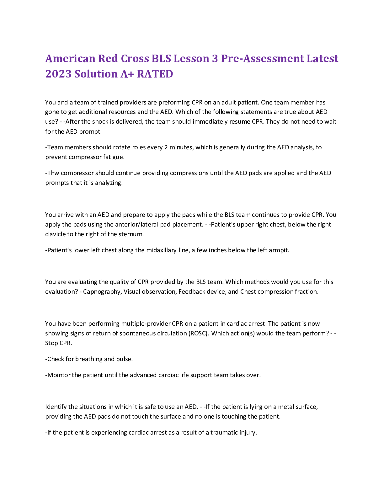 Preview image for American Red Cross BLS Lesson 3 Pre-Assessment Latest 2023 Solution A+ RATED