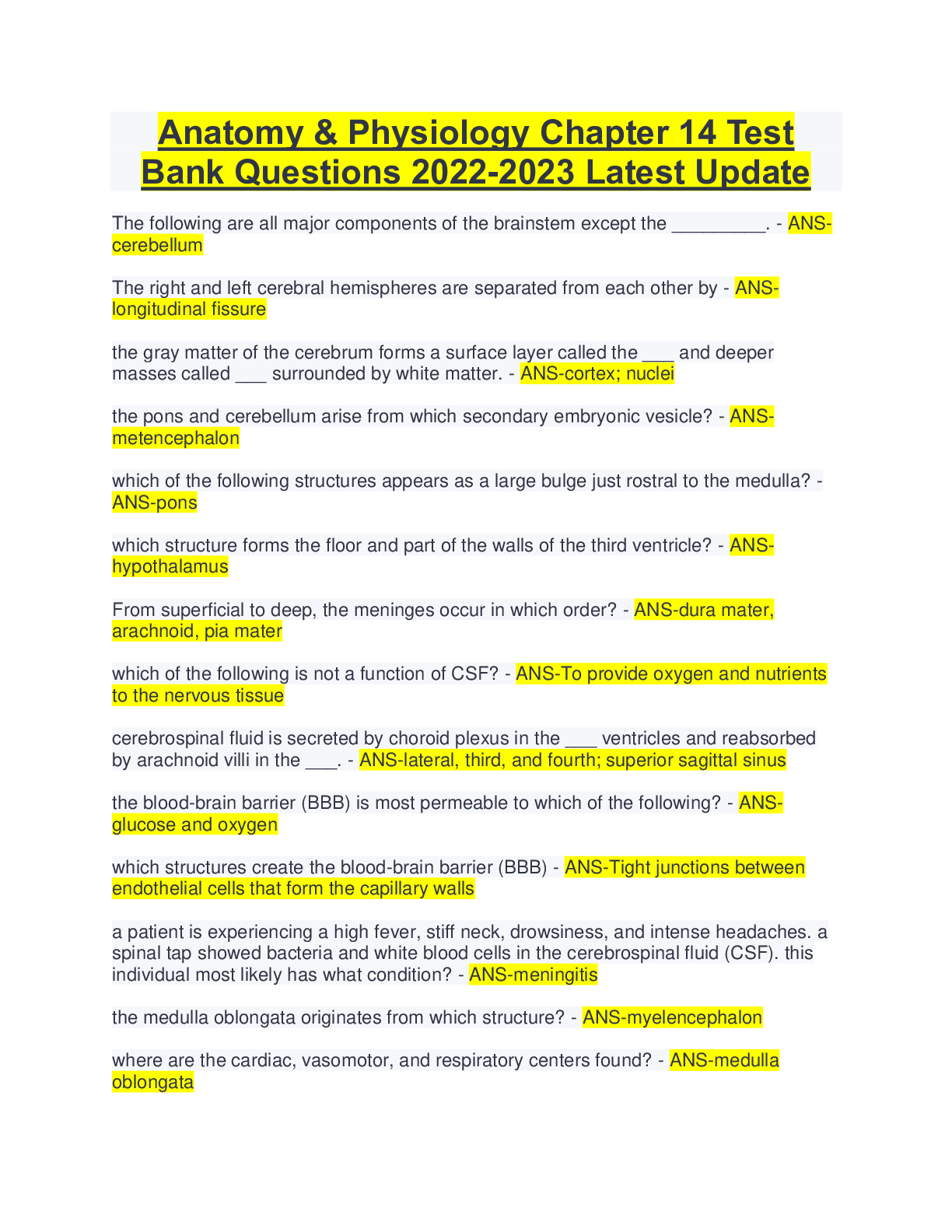 Preview of Anatomy &amp; Physiology Chapter 14 Test Bank Questions 2022-2023 Latest Update