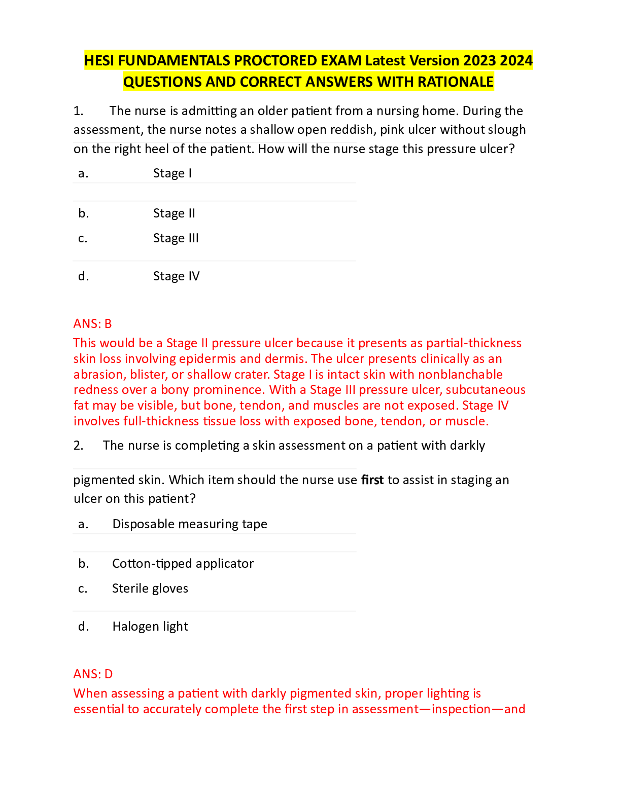 Preview of HESI FUNDAMENTALS PROCTORED EXAM Latest Version 2023 2024 QUESTIONS AND CORRECT ANSWERS WI