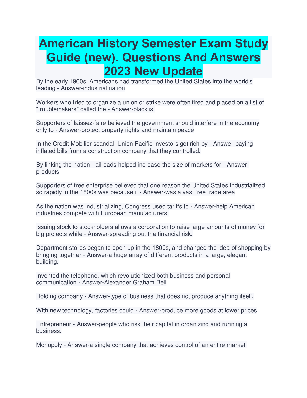 Preview image for American History Semester Exam Study Guide (new). Questions And Answers 2023 New Update
