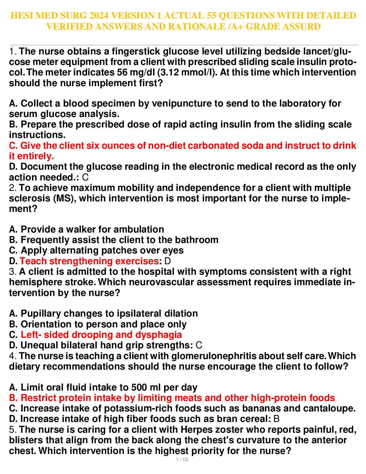 Preview of HESI MED SURG 2024 VERSION 1 ACTUAL 55 QUESTIONS WITH DETAILED VERIFIED ANSWERS AND RATION