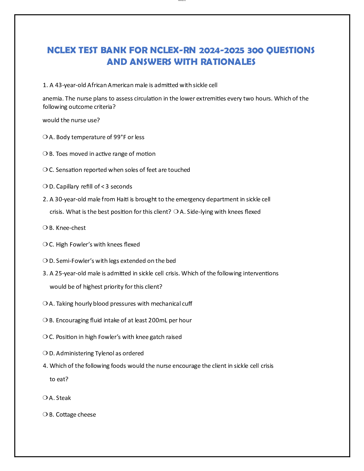 Recommended document preview for NCLEX TEST BANK FOR NCLEX-RN 2024-2025 300 QUESTIONS AND ANSWERS WITH RATIONALES