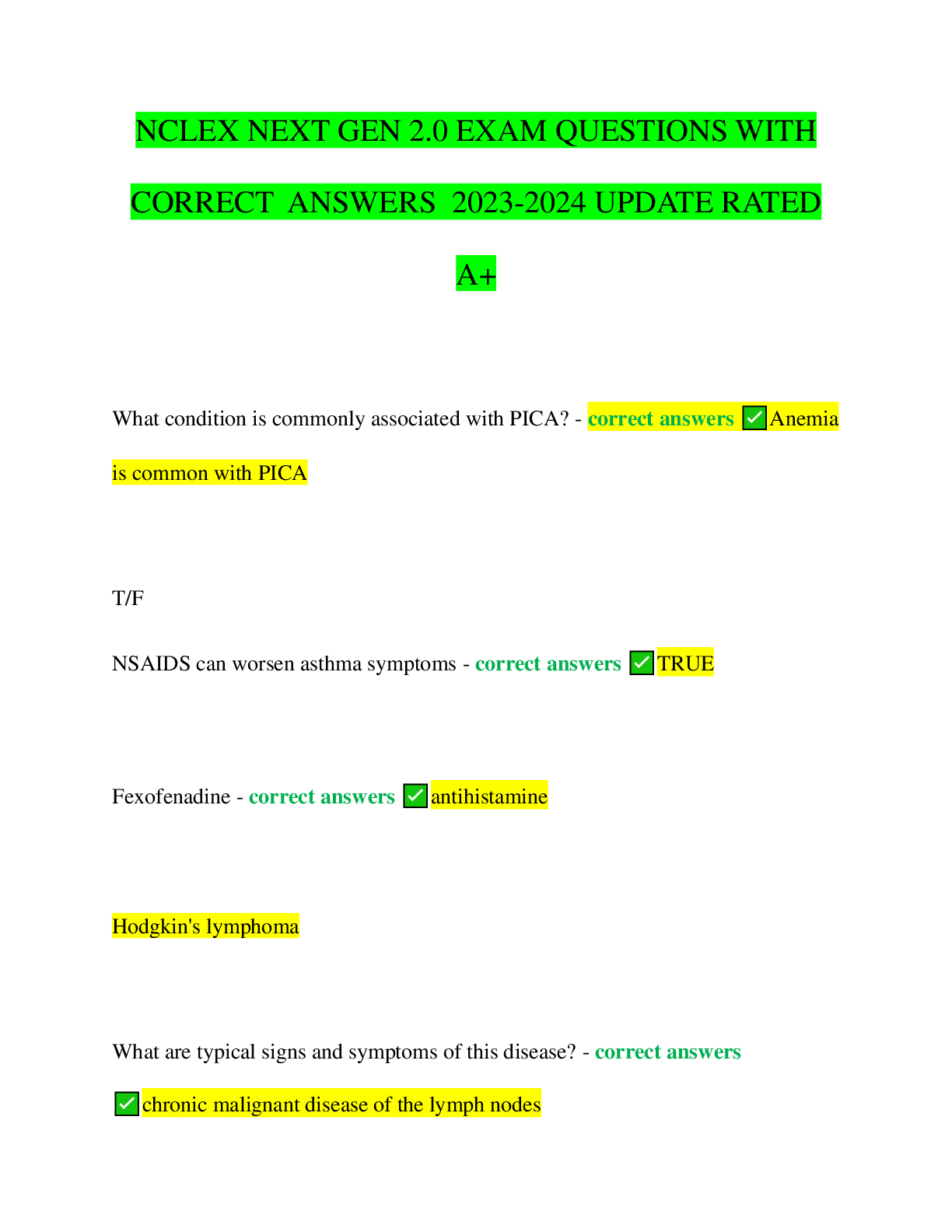 Preview of NCLEX NEXT GEN 2.0 EXAM QUESTIONS WITH CORRECT ANSWERS 2023-2024 UPDATE RATED A+