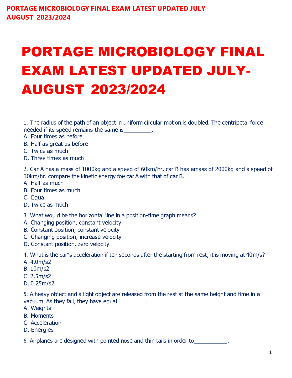 Preview of PORTAGE MICROBIOLOGY FINAL EXAM LATEST UPDATED JULY AUGUST 2023-2024