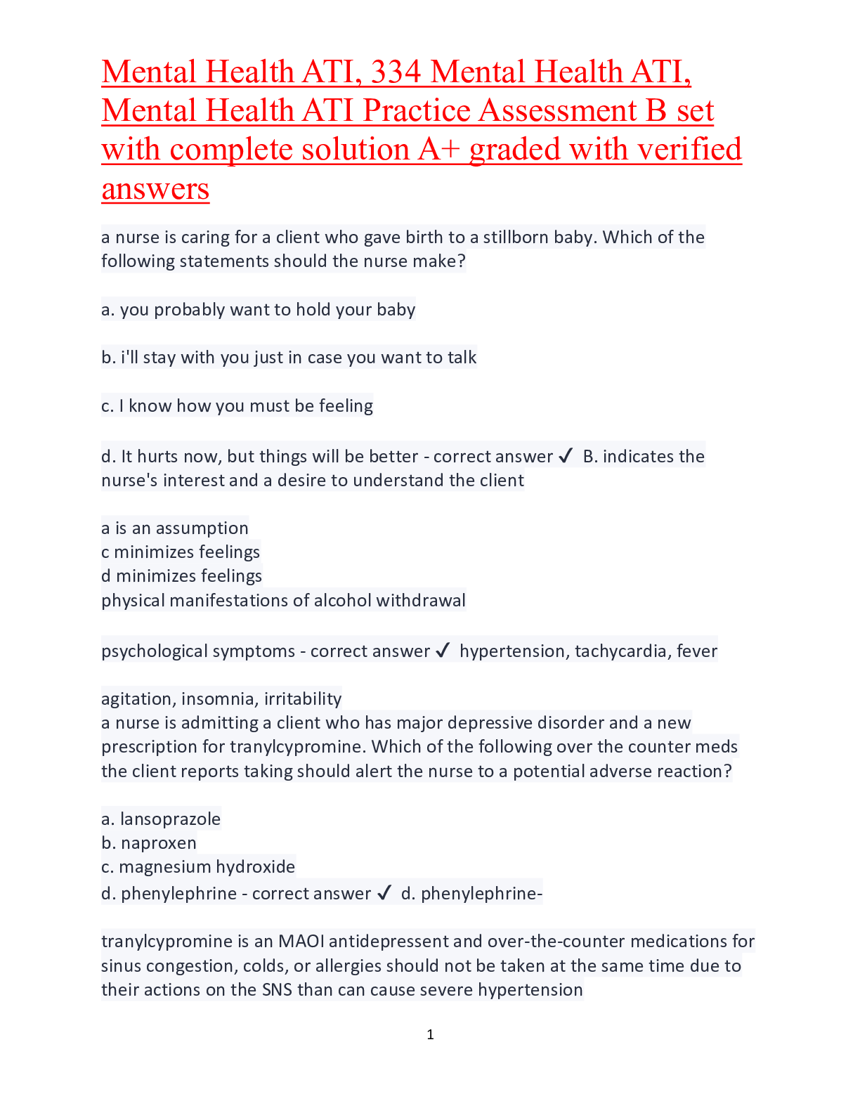 Preview of Mental Health ATI Assessment B set with complete solution A+ graded with verified 2024