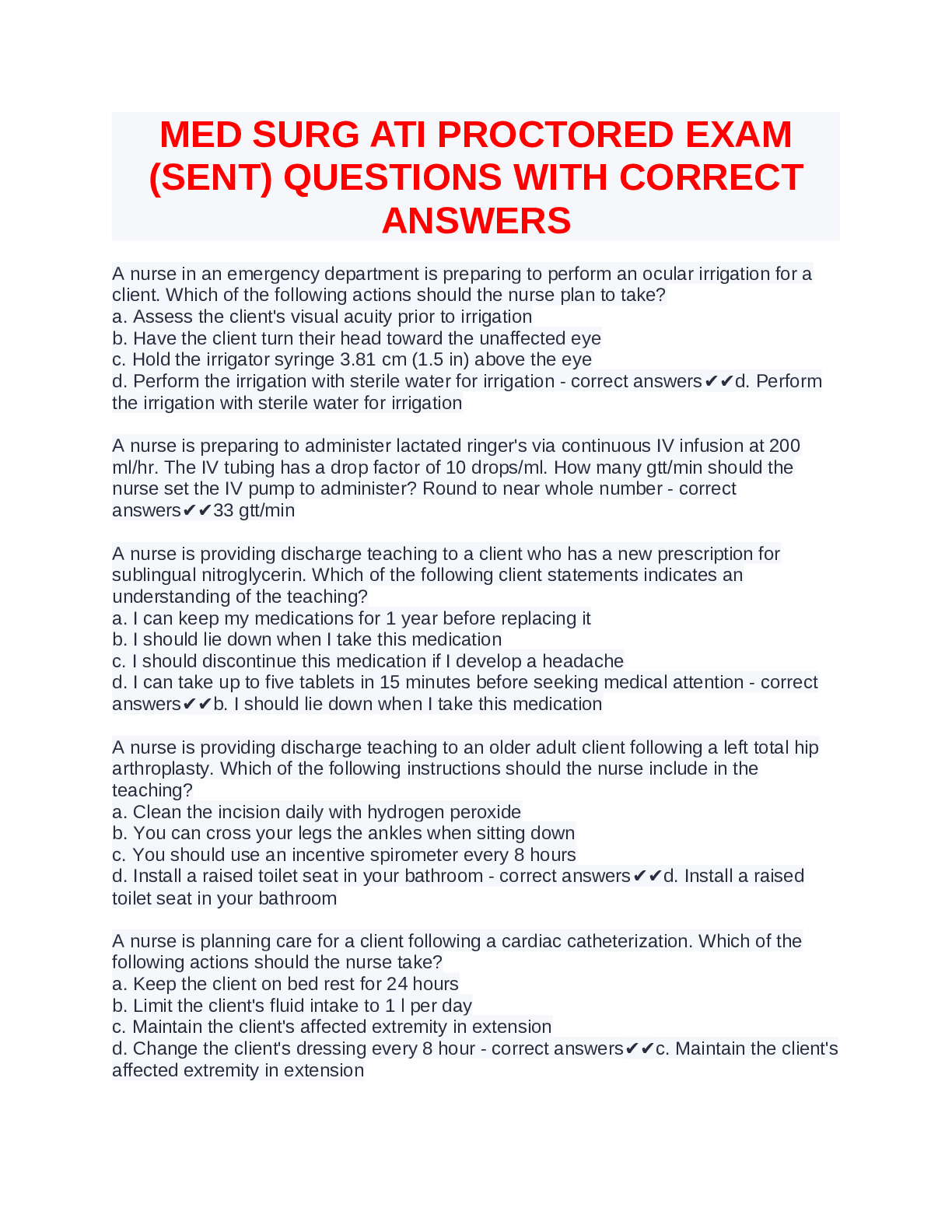 Preview of MED SURG ATI PROCTORED EXAM (SENT) QUESTIONS WITH CORRECT ANSWERS