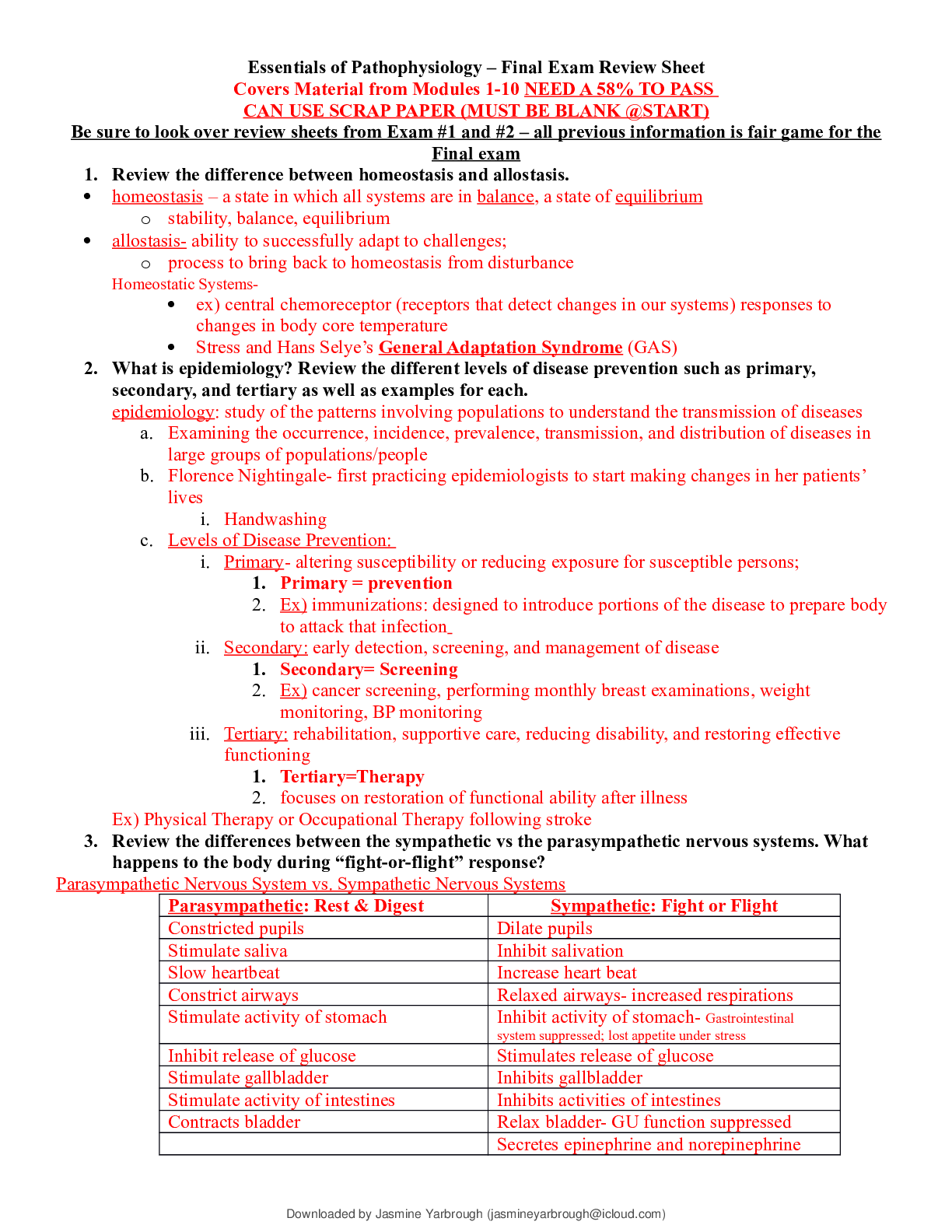 Preview of Essentials of Pathophysiology – Final Exam Review Sheet Covers Material from Modules 1-10