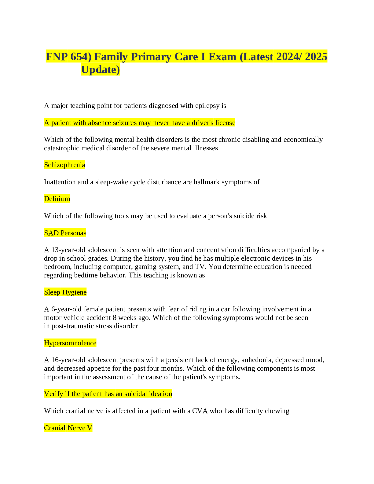 Preview of FNP 654) Family Primary Care I Exam (Latest 2024 2025 Update)