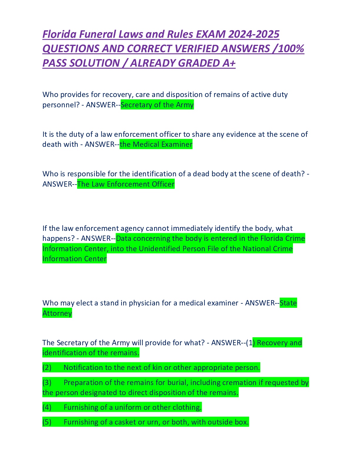 Preview of Florida Funeral Laws and Rules EXAM 2024-2025 QUESTIONS AND CORRECT VERIFIED ANSWERS 100%