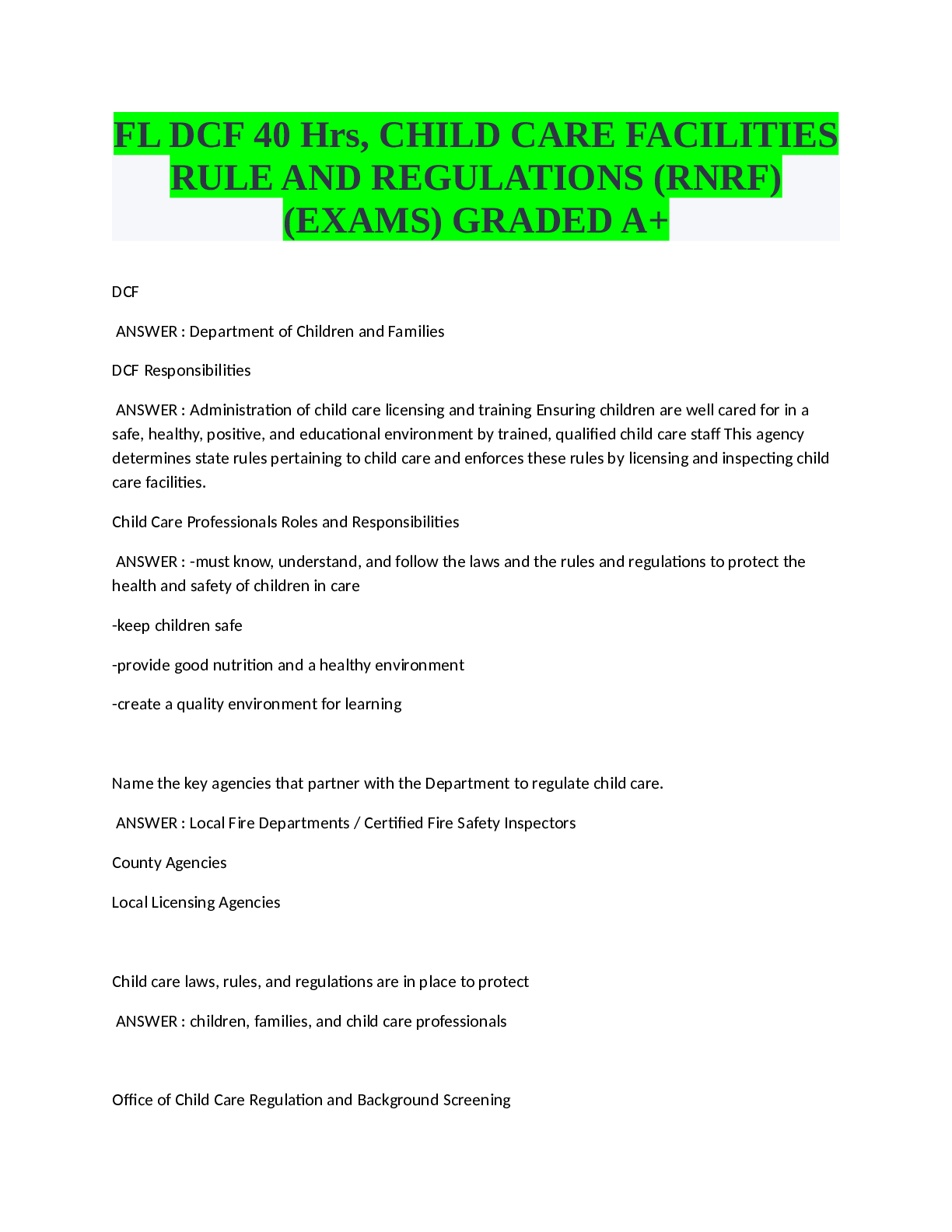 Preview of FL DCF 40 Hrs, CHILD CARE FACILITIES RULE AND REGULATIONS (RNRF) (EXAMS) GRADED A+