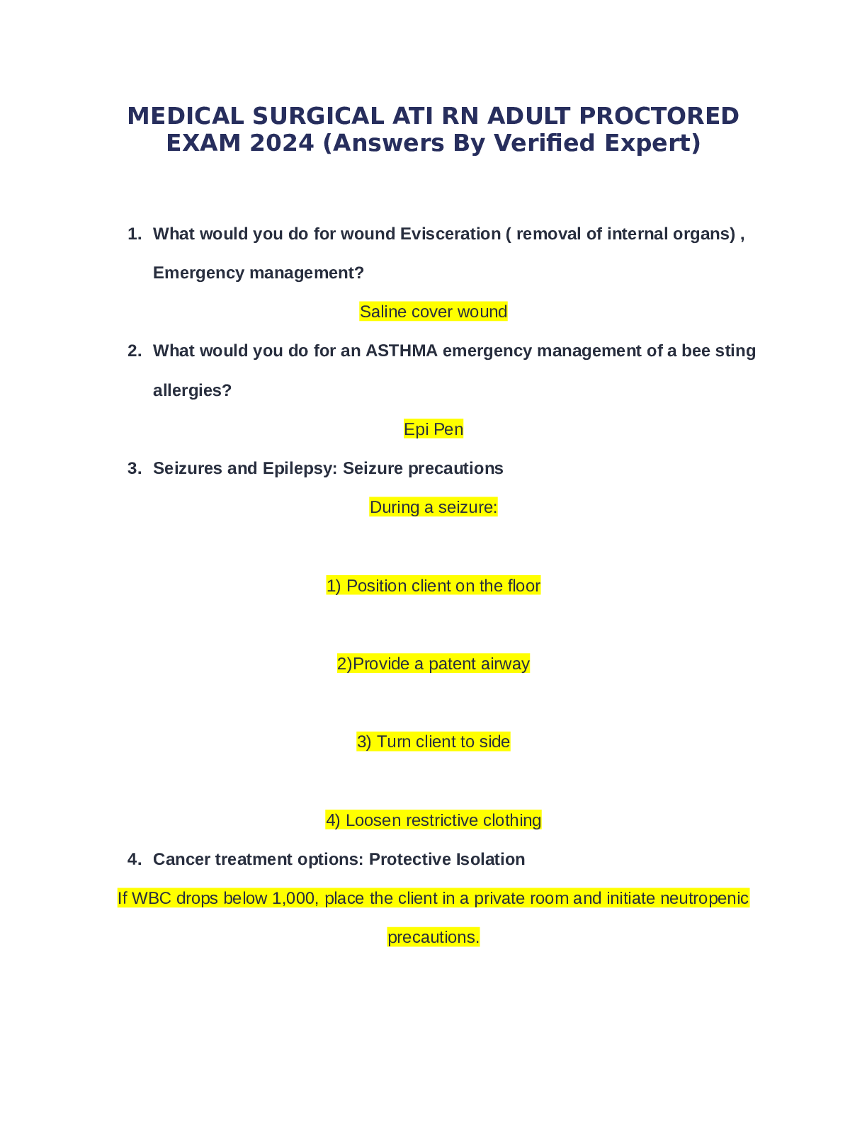 Recommended document preview for MEDICAL SURGICAL ATI RN ADULT PROCTORED EXAM 2024 (Answers By Verified Expert)