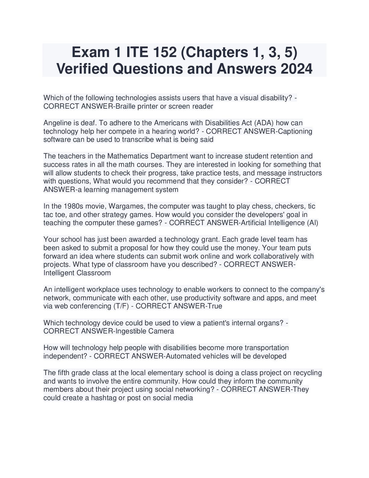 Preview of Exam 1 ITE 152 (Chapters 1, 3, 5) Verified Questions and Answers 2024