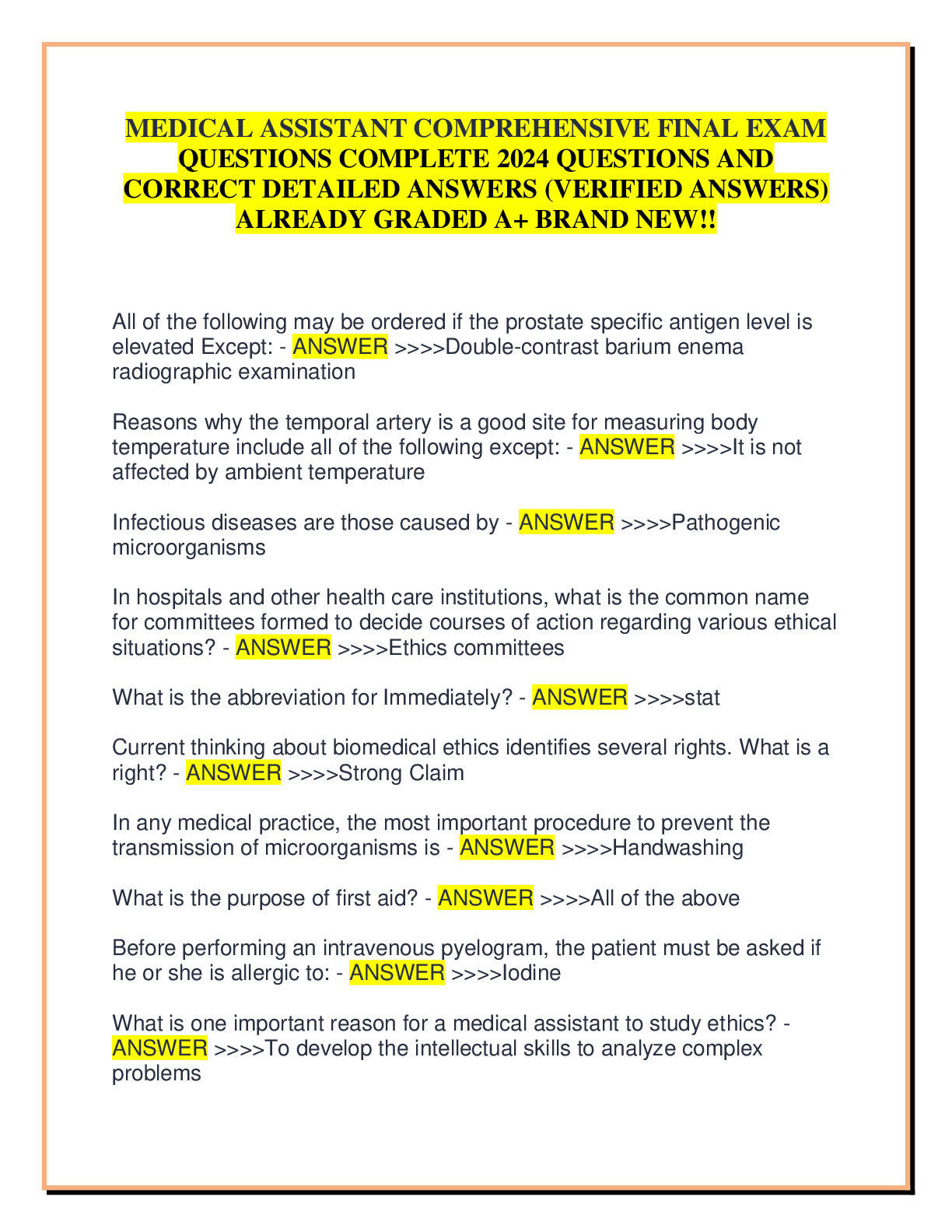 Preview of MEDICAL ASSISTANT COMPREHENSIVE FINAL EXAM QUESTIONS COMPLETE 2024 QUESTIONS AND CORRECT DETAILED ANSWERS (VERIFIED ANSWERS) ALREADY GRADED A+ BRAND NEW!!