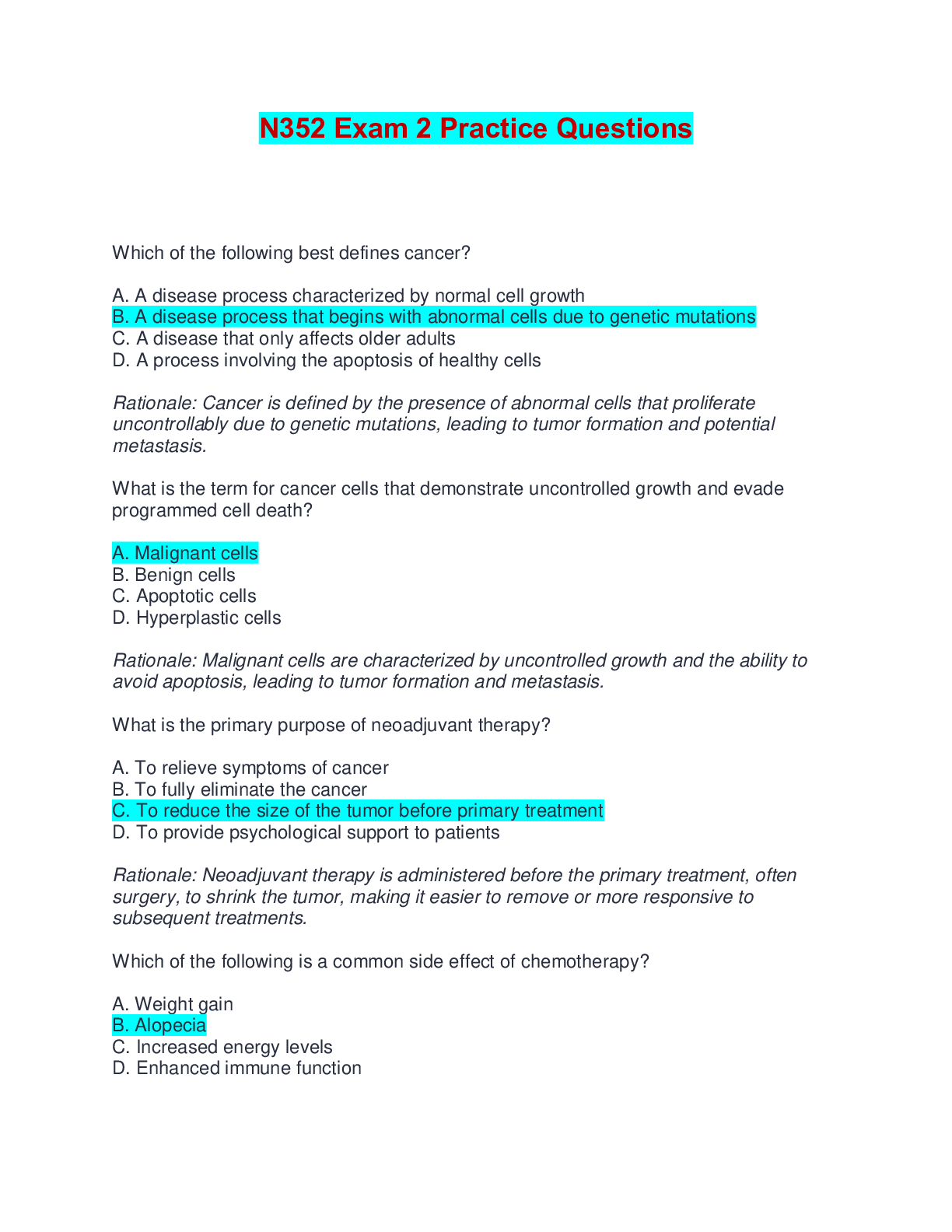 Preview of N352 Exam 2 Practice Questions | Answered with Rationales