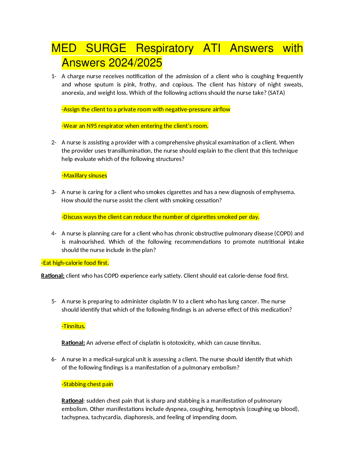 Preview of MED SURGE Respiratory ATI Answers with Answers 2024-2025