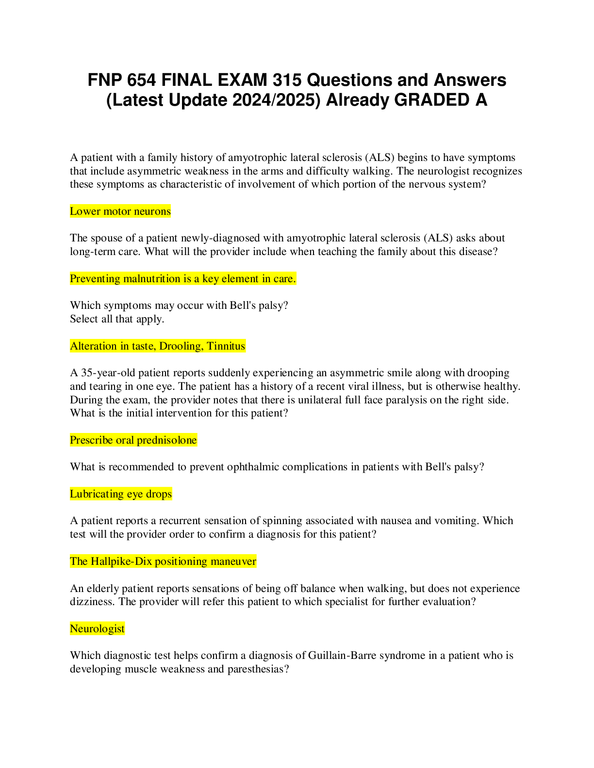 Preview of FNP 654 FINAL EXAM 315 Questions and Answers (Latest Update 2024-2025) Already GRADED A