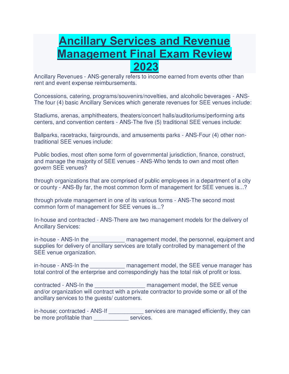 Preview of Ancillary Services and Revenue Management Final Exam Review 2023