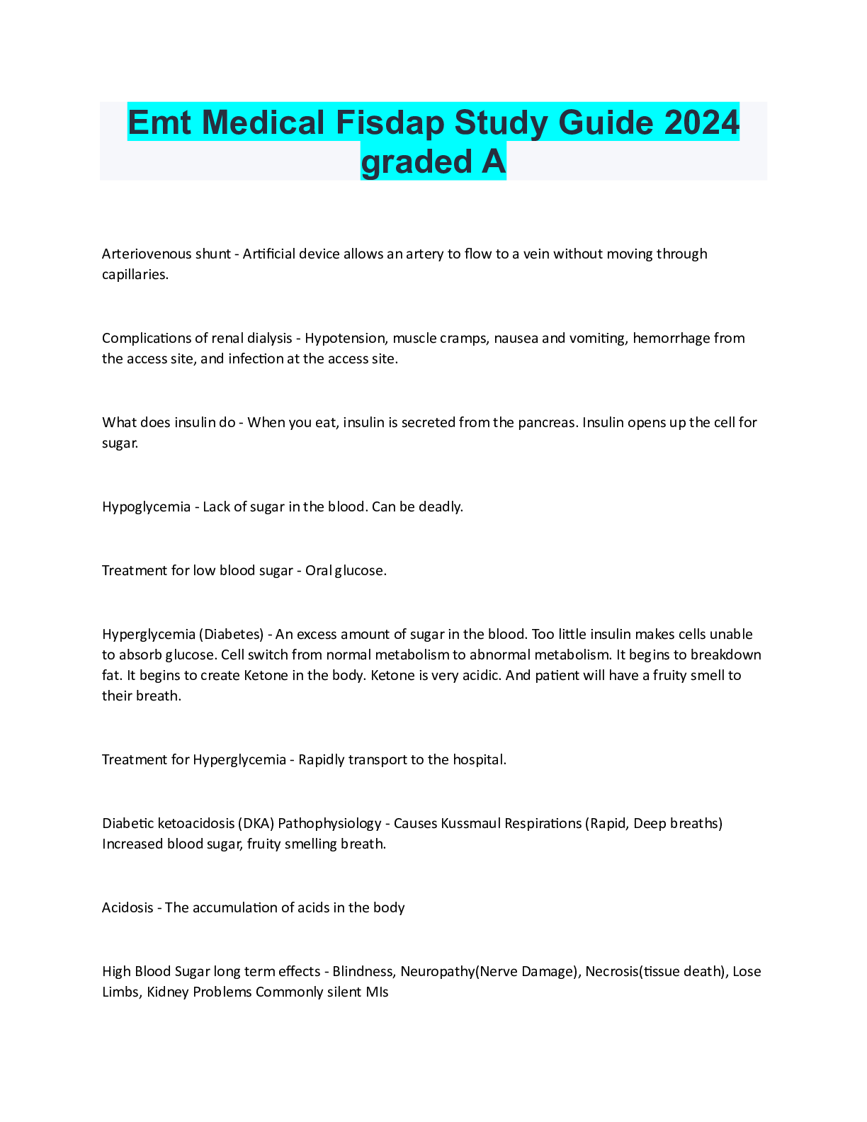 Preview of Emt Medical Fisdap Study Guide 2024 graded A