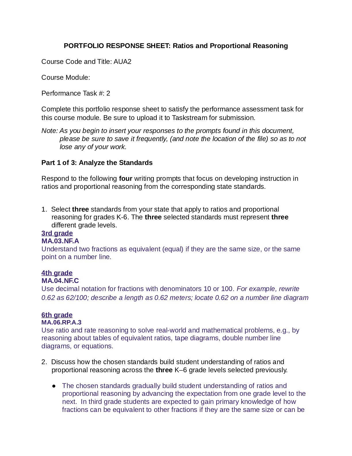 Preview of AUA2 Task 2 Attach Portfolio Response Sheet Ratios and Proportional Reasoning