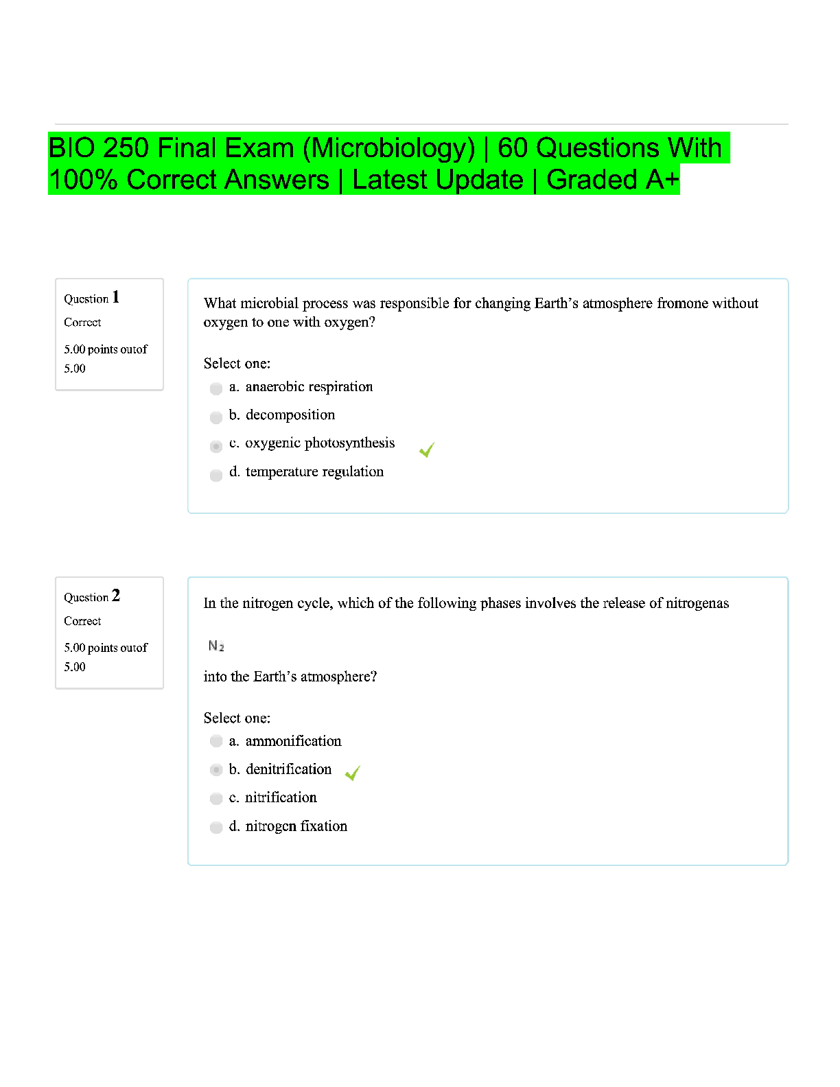 Preview of BIO 250 Final Exam (Microbiology) 60 Qu.estions and Answers Latest Update Graded A+