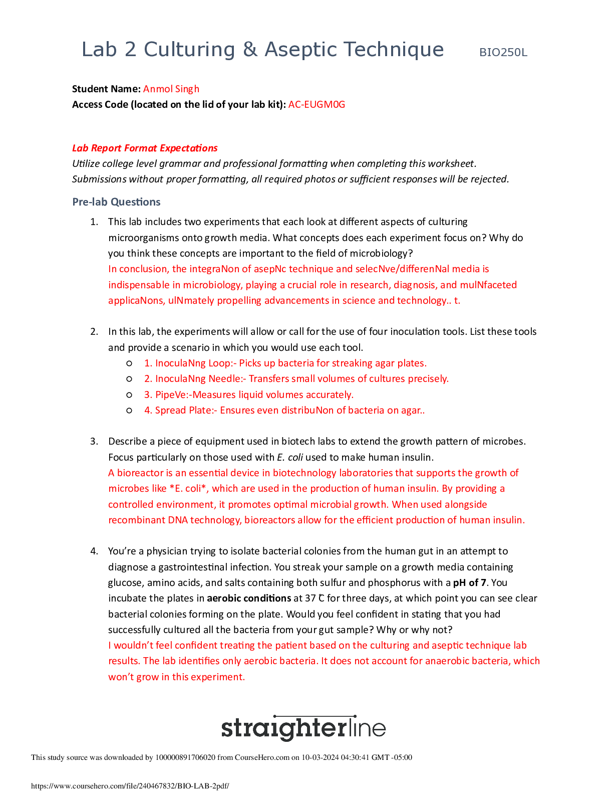 Preview image of BIO 250 Lab 2 Culturing & Aseptic Technique document