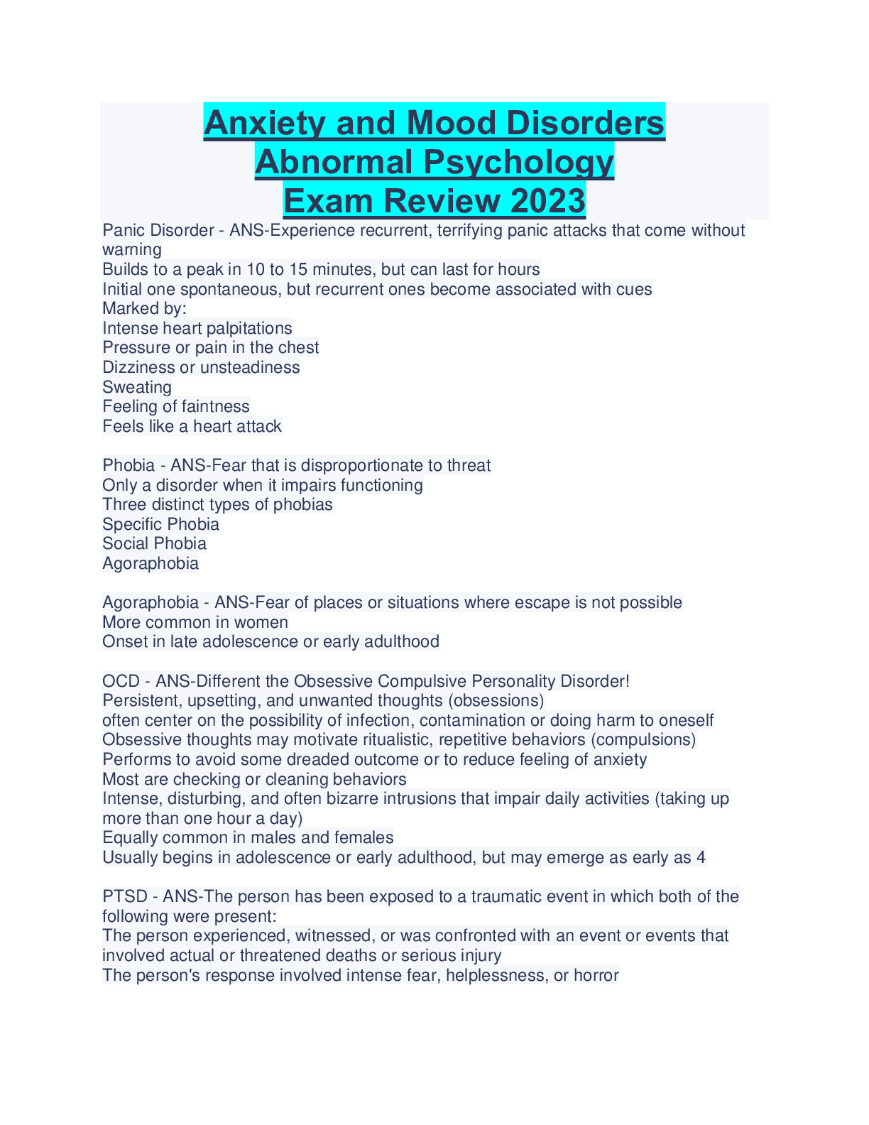 Preview of Anxiety and Mood Disorders Abnormal Psychology Exam Review 2023