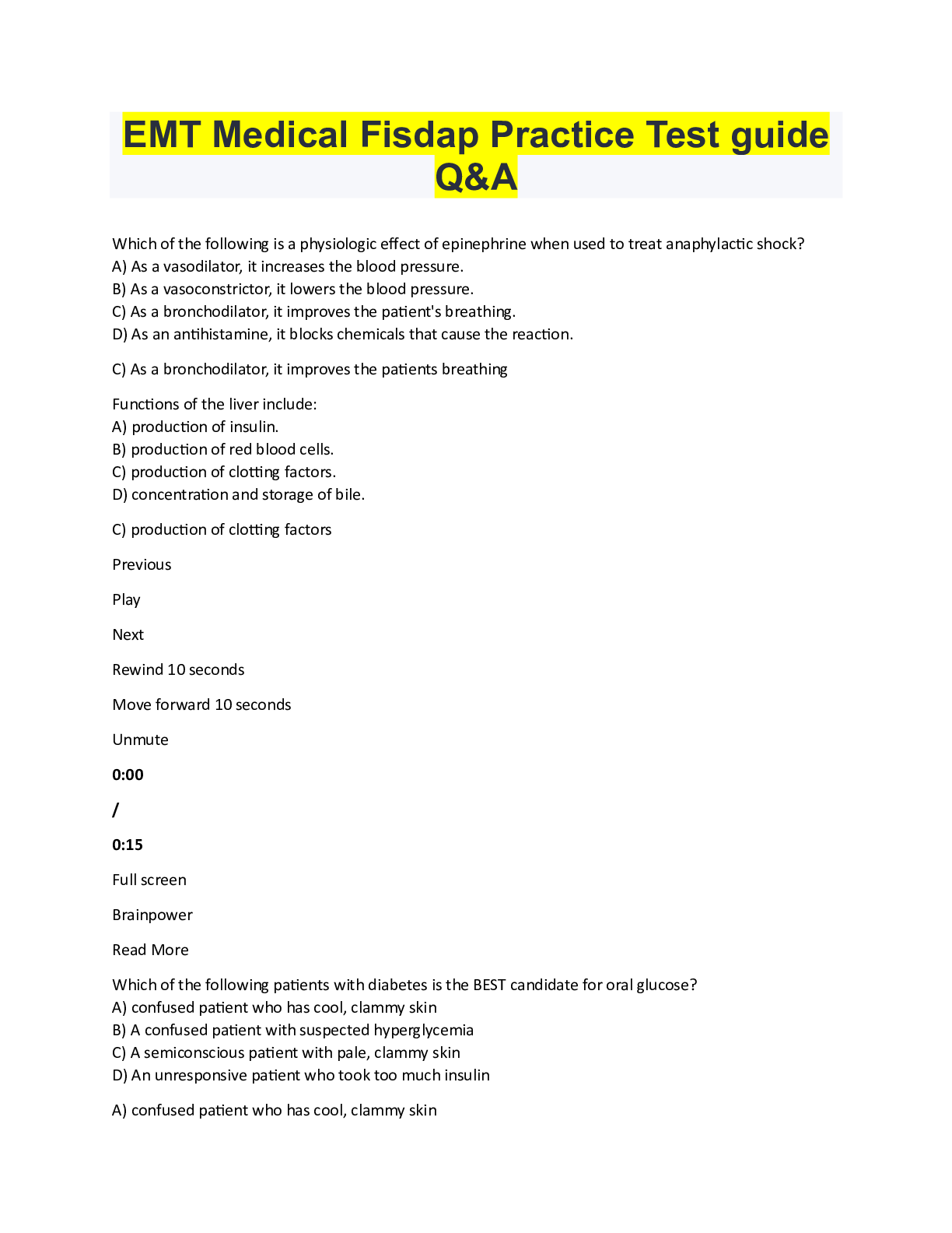 Preview of EMT Medical Fisdap Practice Test guide Q&A