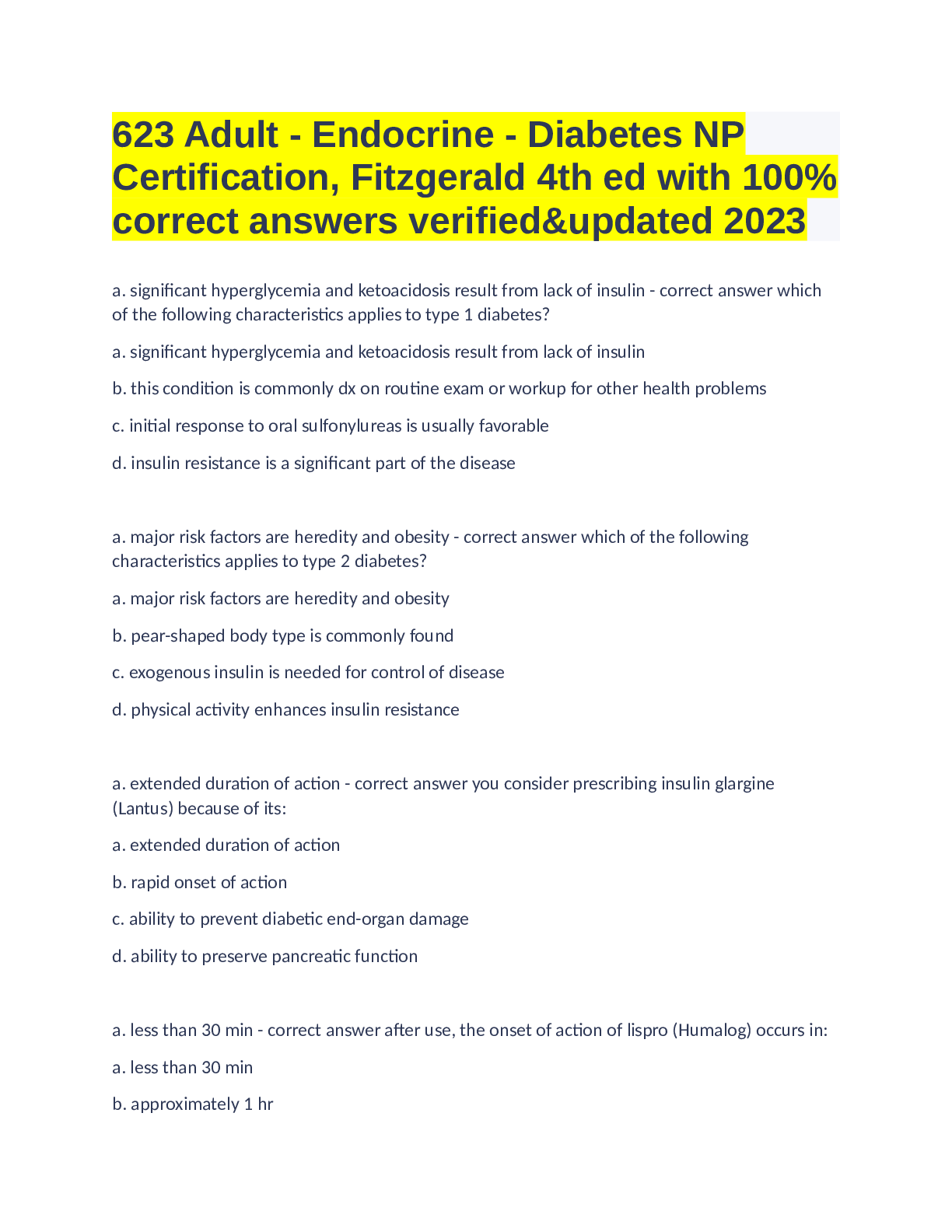 Preview of 623 Adult - Endocrine - Diabetes NP Certification, Fitzgerald 4th ed with 100% correct answers verified &amp; updated 2023