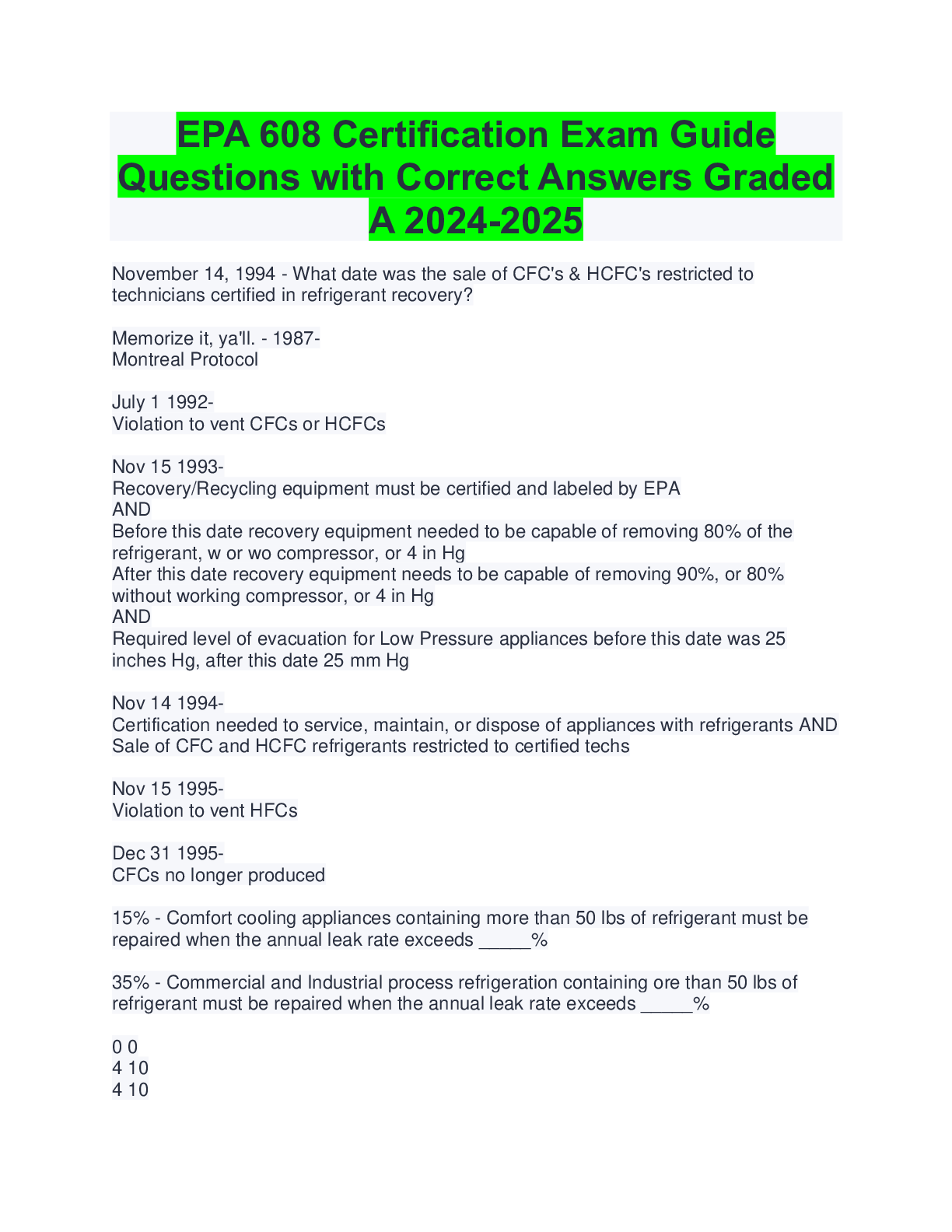 Preview of EPA 608 Certification Exam Guide Questions with Correct Answers Graded A 2024-2025
