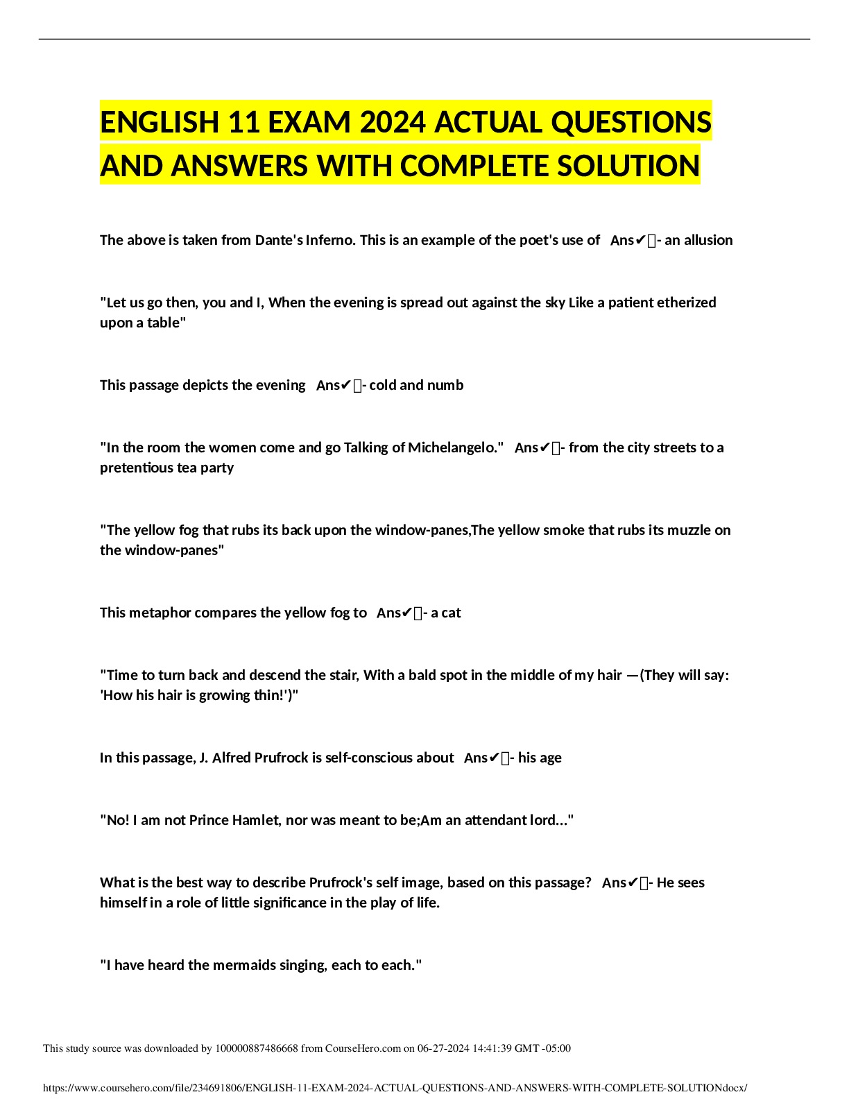 Preview of ENGLISH 11 EXAM 2024 ACTUAL QUESTIONS AND ANSWERS WITH COMPLETE SOLUTION