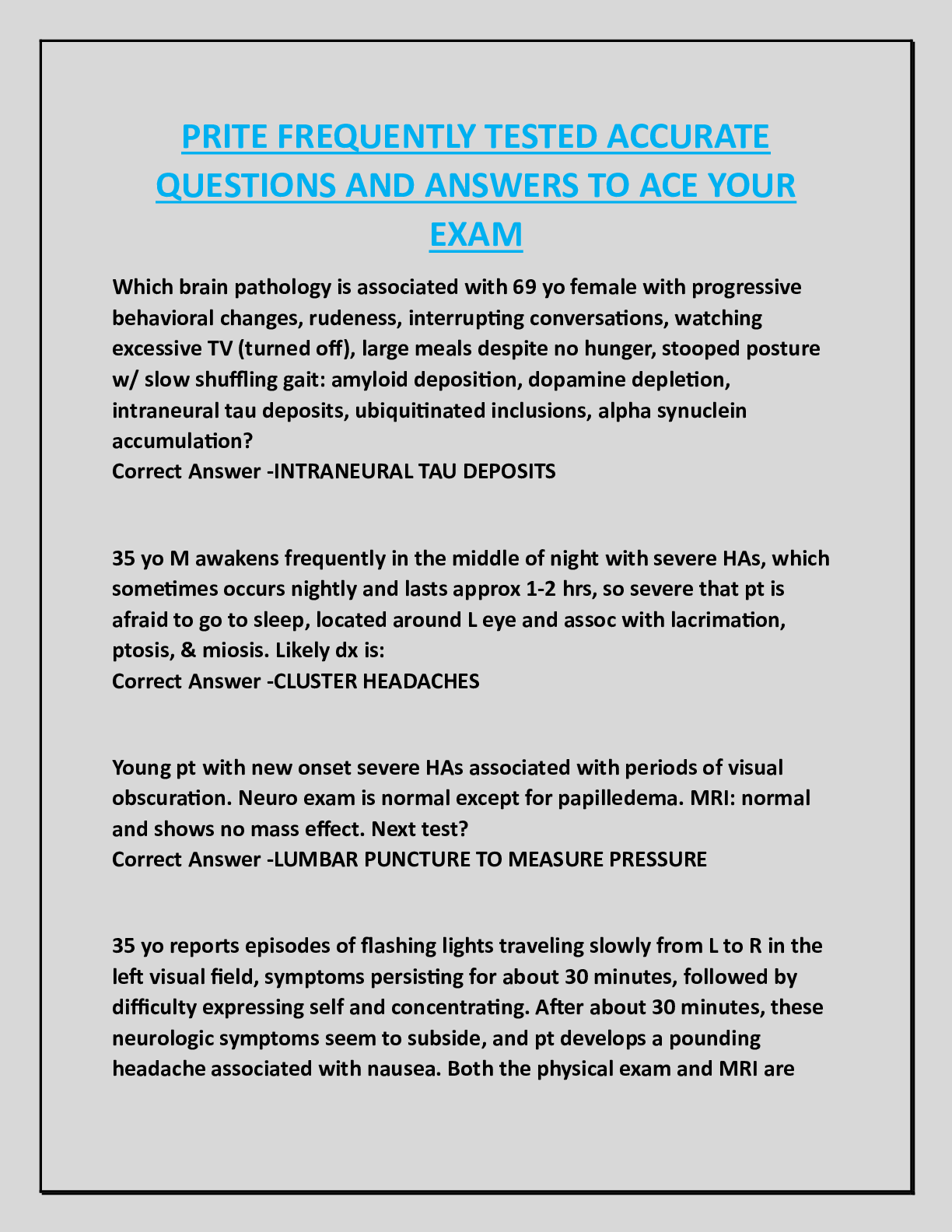 PRITE FREQUENTLY TESTED ACCURATE  QUESTIONS AND ANSWERS TO ACE YOUR  EXAM